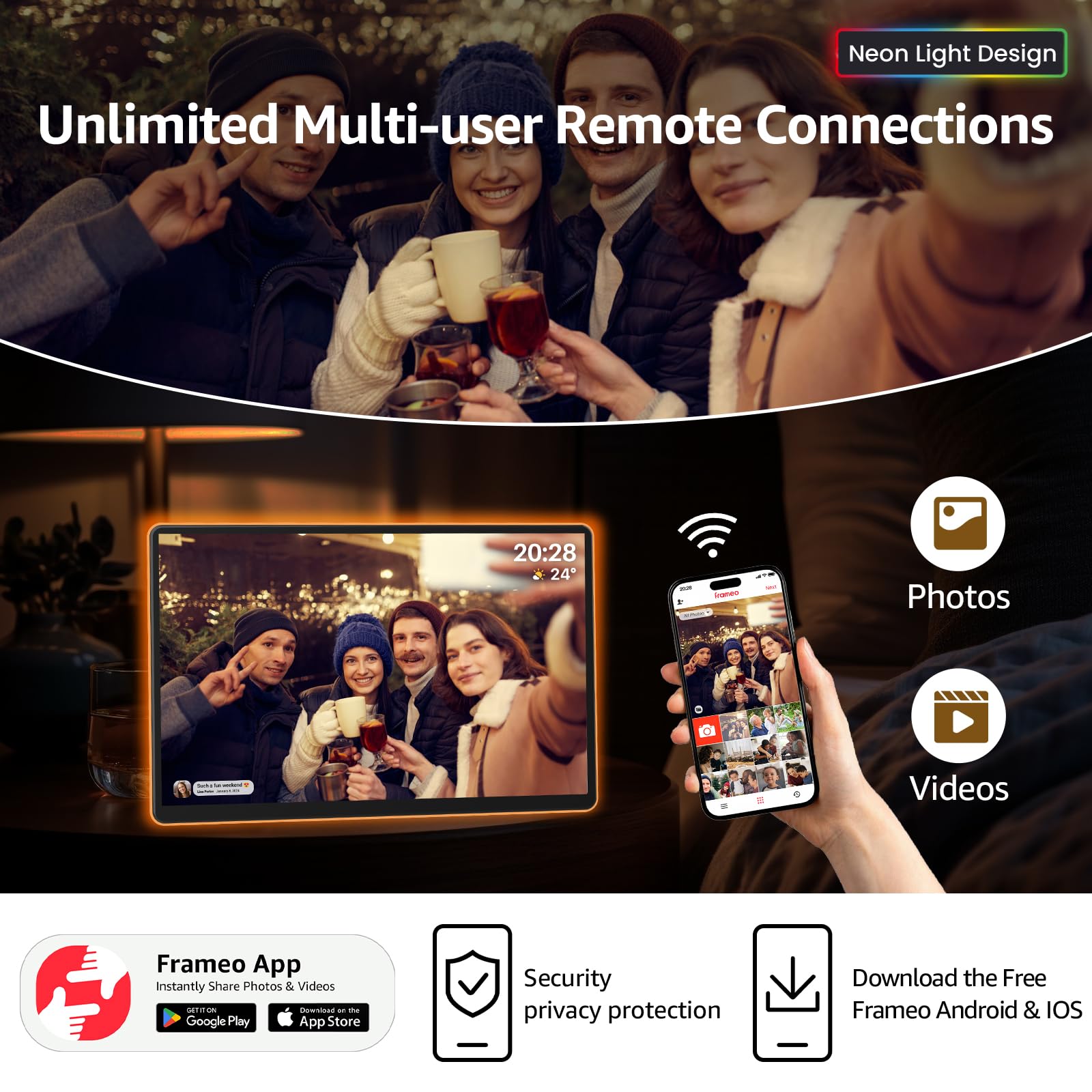 Apolosign 14.1'' Neon Light Digital Frame, 32Gb Storage Smart Digital Picture Frame, Easy Setup, 16:10 Aspect Ratio Glass Lamina