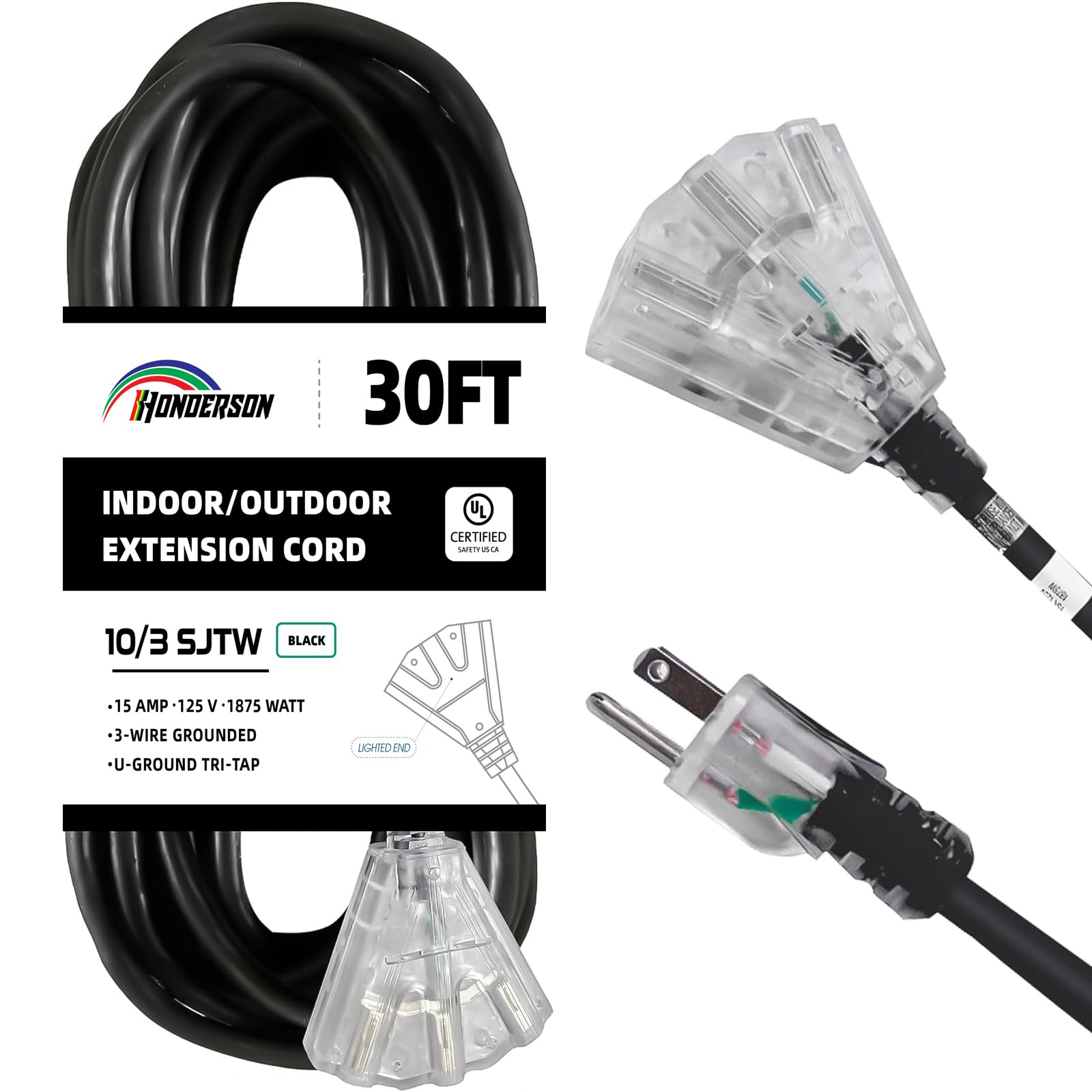Honderson 3 Outlets Indoor Outdoor Extension Cord Weatherproof With Lighted End, Ul Listed, 10 Gauge 30Ft Black 3 Prong Heavy Du