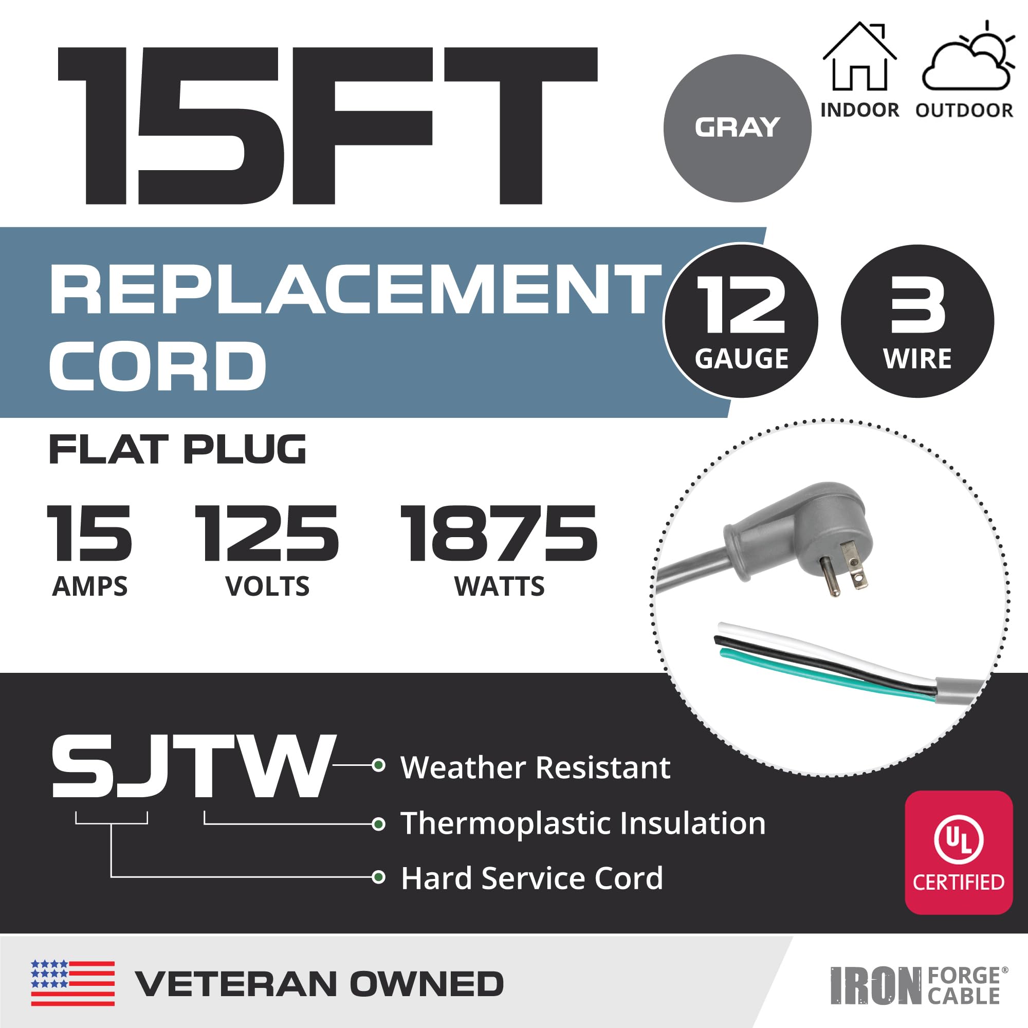 Iron Forge Cable Flat Plug Replacement Power Cable With Open End   12/3 15 Ft Gray Appliance Extension Cord 15 Amp, 12 Awg Power