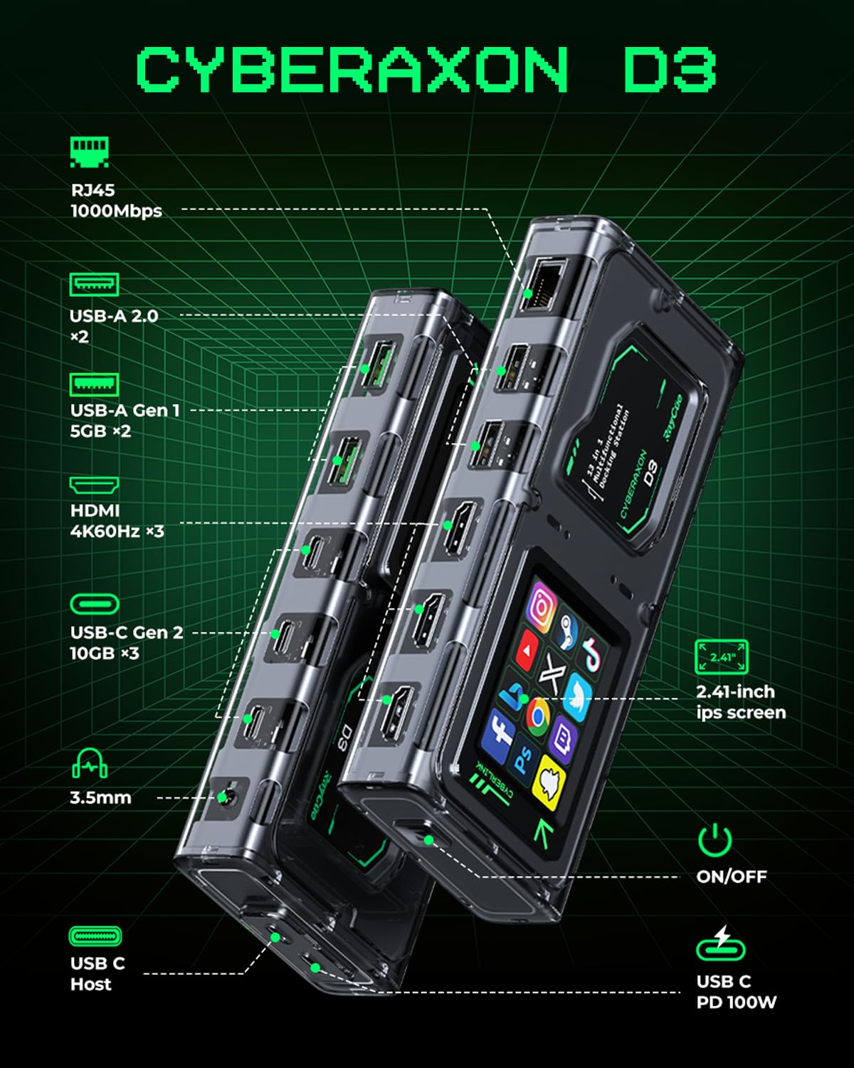 Cyberaxon D3 13-In-1 Multifunctional Stream Control Dock - Usb C Docking Station With 2.4 Touchscreen(12 Macro Keys), 3X Hdmi (4