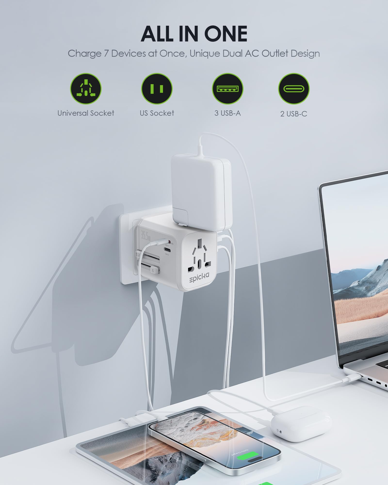 Epicka Universal Travel Adapter, International Plug Adapter With Dual Ac Outlet, 2 Usb-C 35W Pd Fast Charging & 3 Usb-A, All In