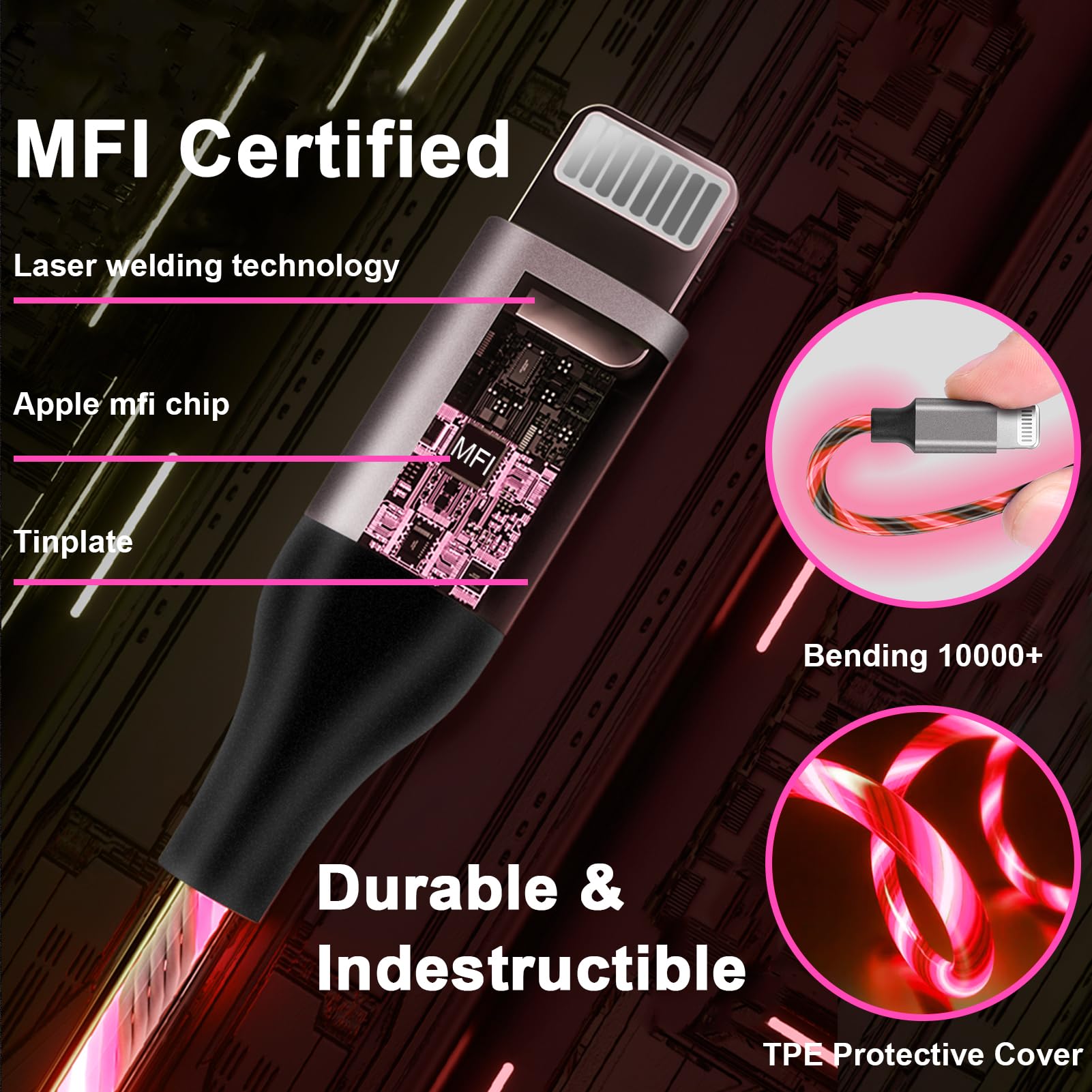 Light Up Iphone Charger Cable Led Apple Charger Cord Apple Mfi Certified Cool Usb Fast Charging For Iphone 14 13 12 11 Pro Max Xr X Se 8 Plus Ipad Ipod Touch More (Red, 6 Ft)