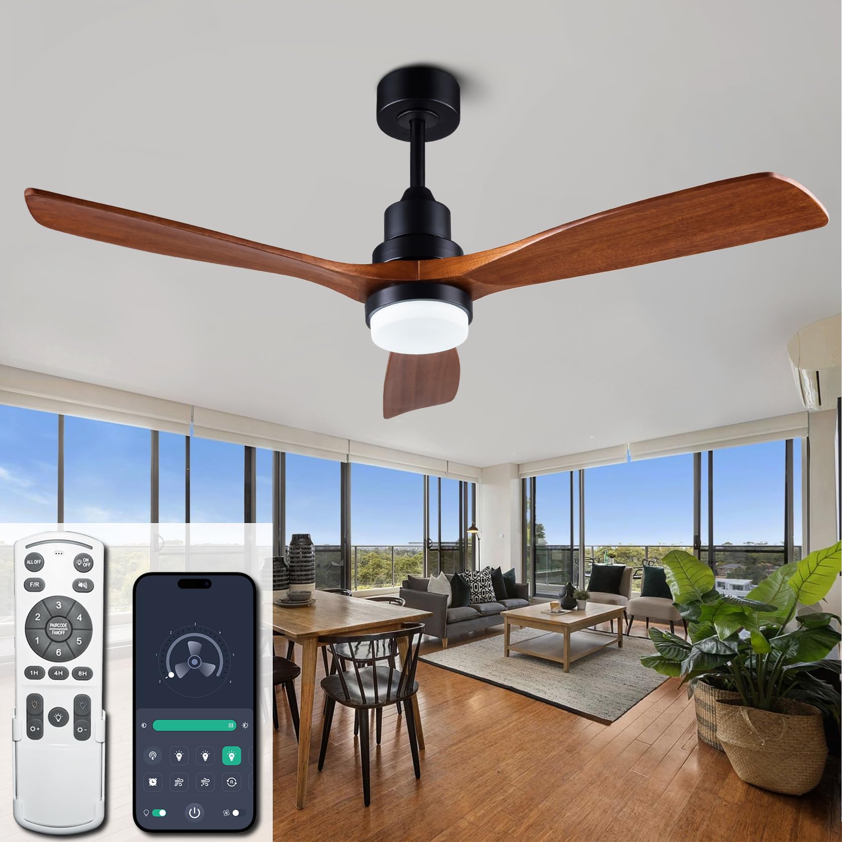 Dearnow 52    Solid Wood Ceiling Fans With Light 6 Speeds Remote/App Control, Solid Wood Ceiling Fan With Memory Led Dimmable Co