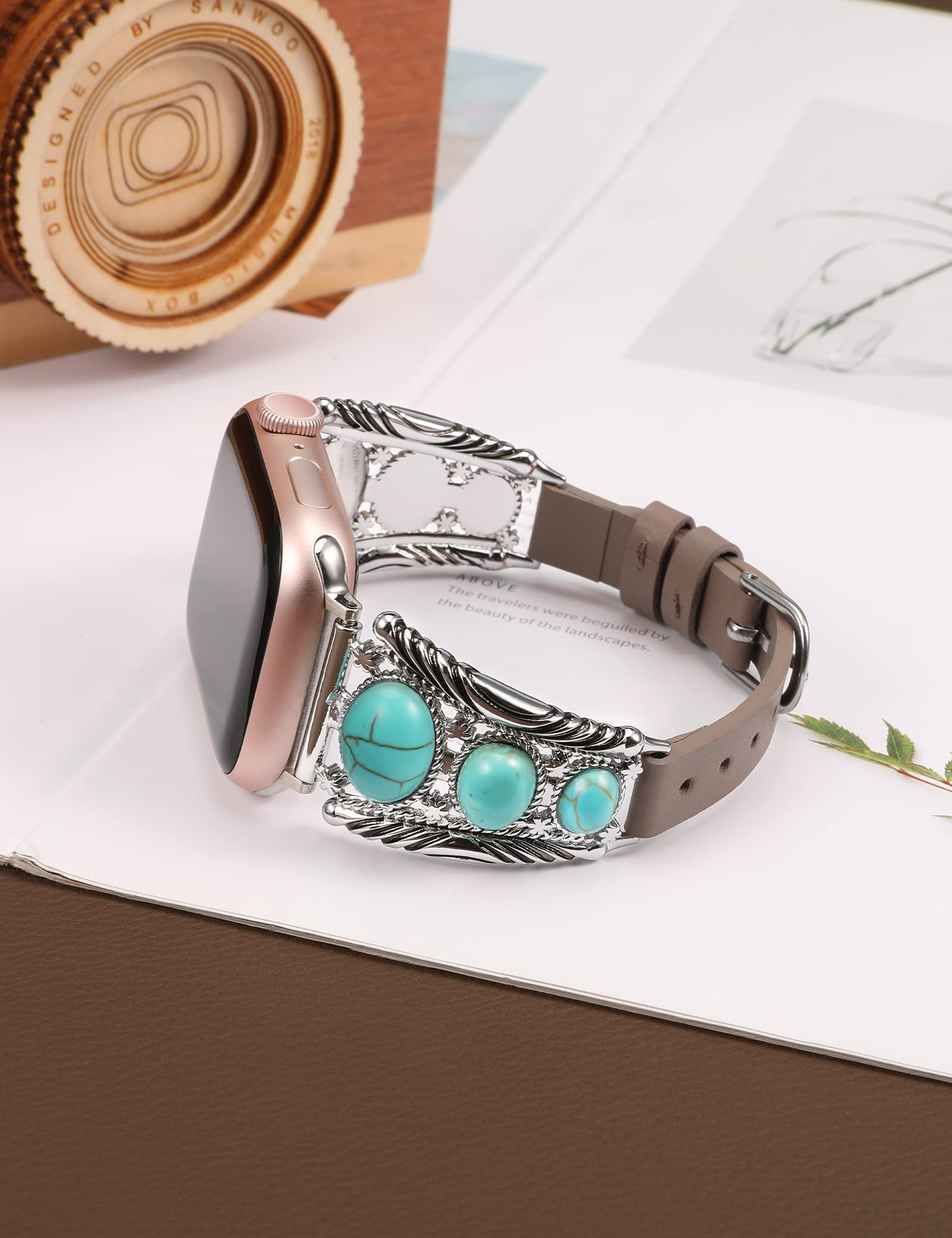 Minyee Leather Band Compatible With Apple Watch Band Women 38/40/41/42/44/45/49Mm, Turquoise Western Vintage Boho Ethnic Antique