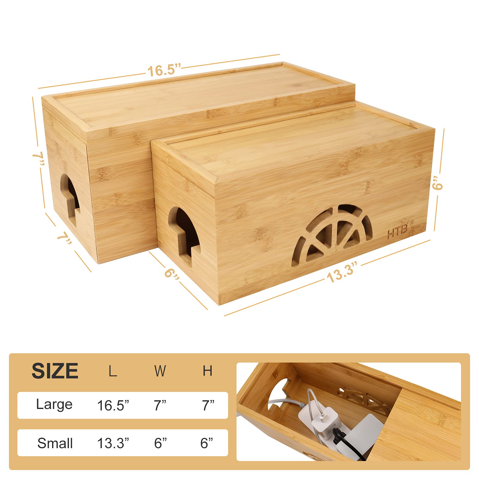 Cable Management Box Set Of 2 By Htb, Large & Small Bamboo Cord Organizer Box To Hide Wires & Power Strips | Desk Computer Cable
