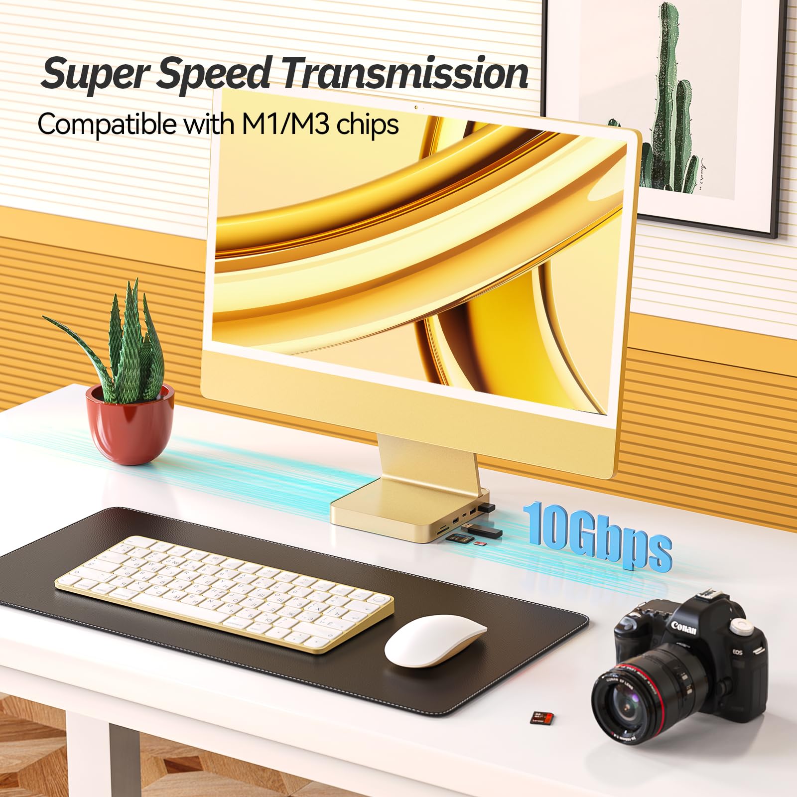 minisopuru USB C Hub for iMac 24 inch 2021/2023/2024 M1/M3/M4 M.2 NVMe SSD 10Gbps Aluminum Yellow DS-802-Y