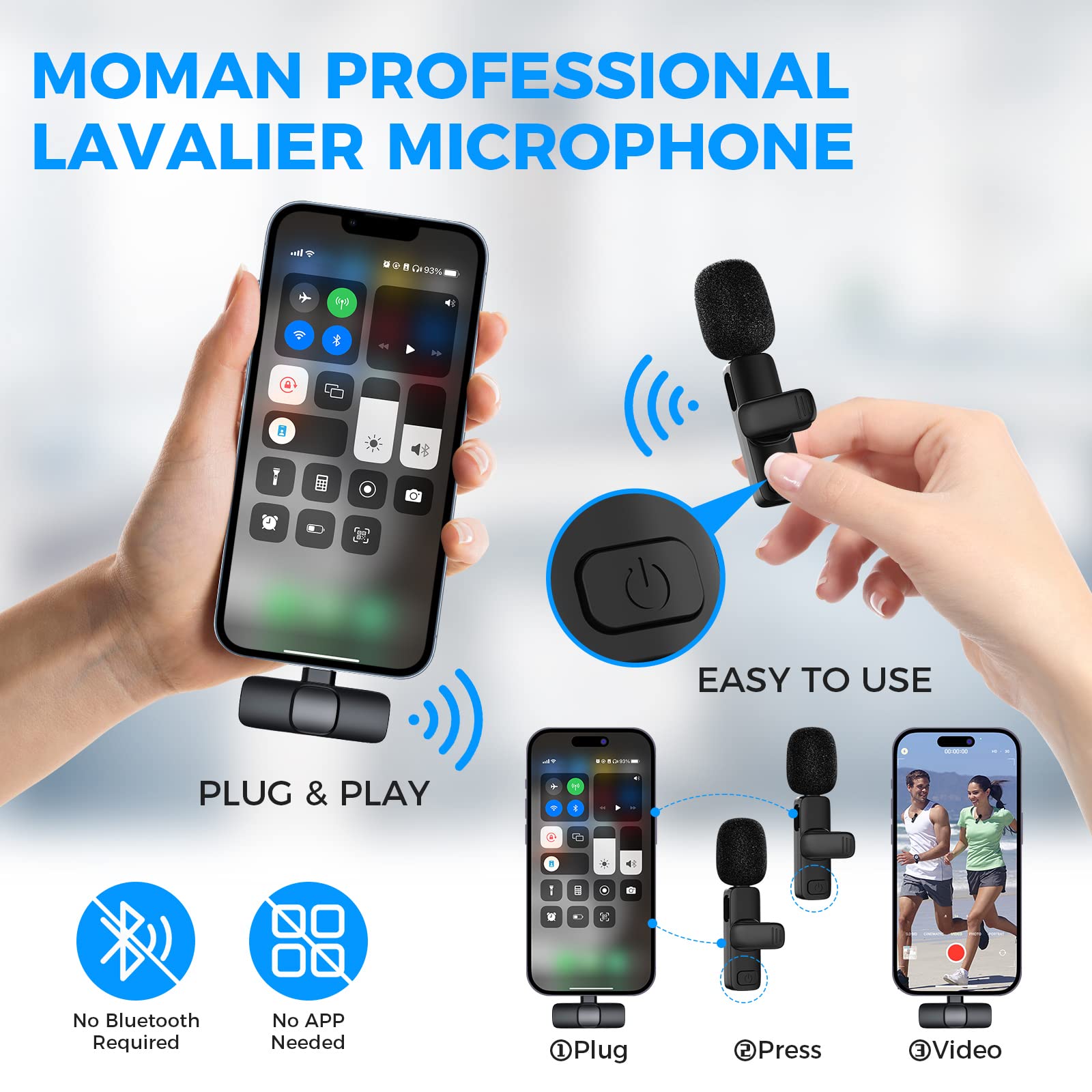 Moman Wireless Lavalier Microphone For Iphone, 2 Pack Clip On Microphones For Video Recording, Mini Phone Mic Interview For Vlog