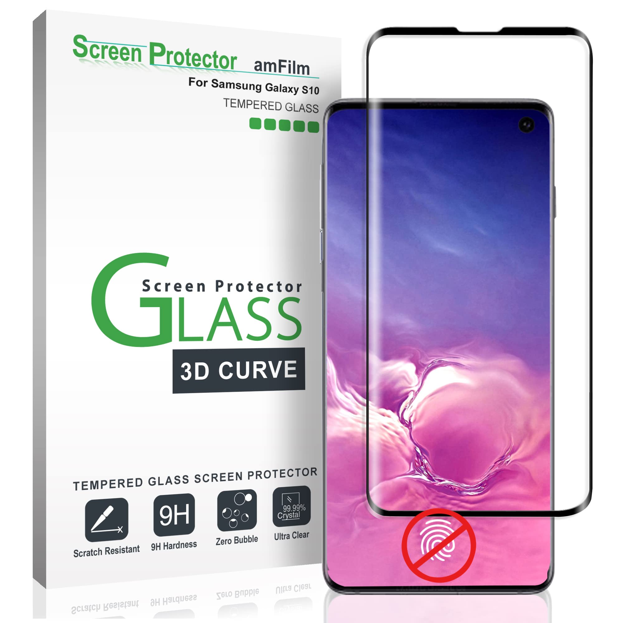 amFilm Glass Screen Protector for Galaxy S10, Not Compatible with the Fingerprint Scanner, Tempered Glass, Dot Matrix with Easy 