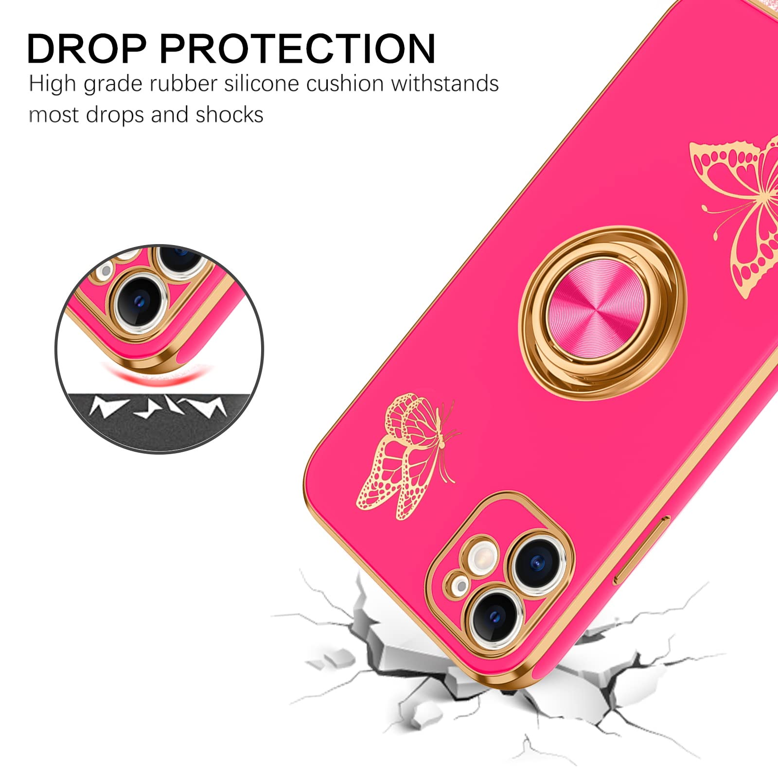 Bentoben For Iphone 11 Case, Phone Case Iphone 11, Slim Fit Gold Butterfly Design Kickstand Ring Holder Shockproof Protection So