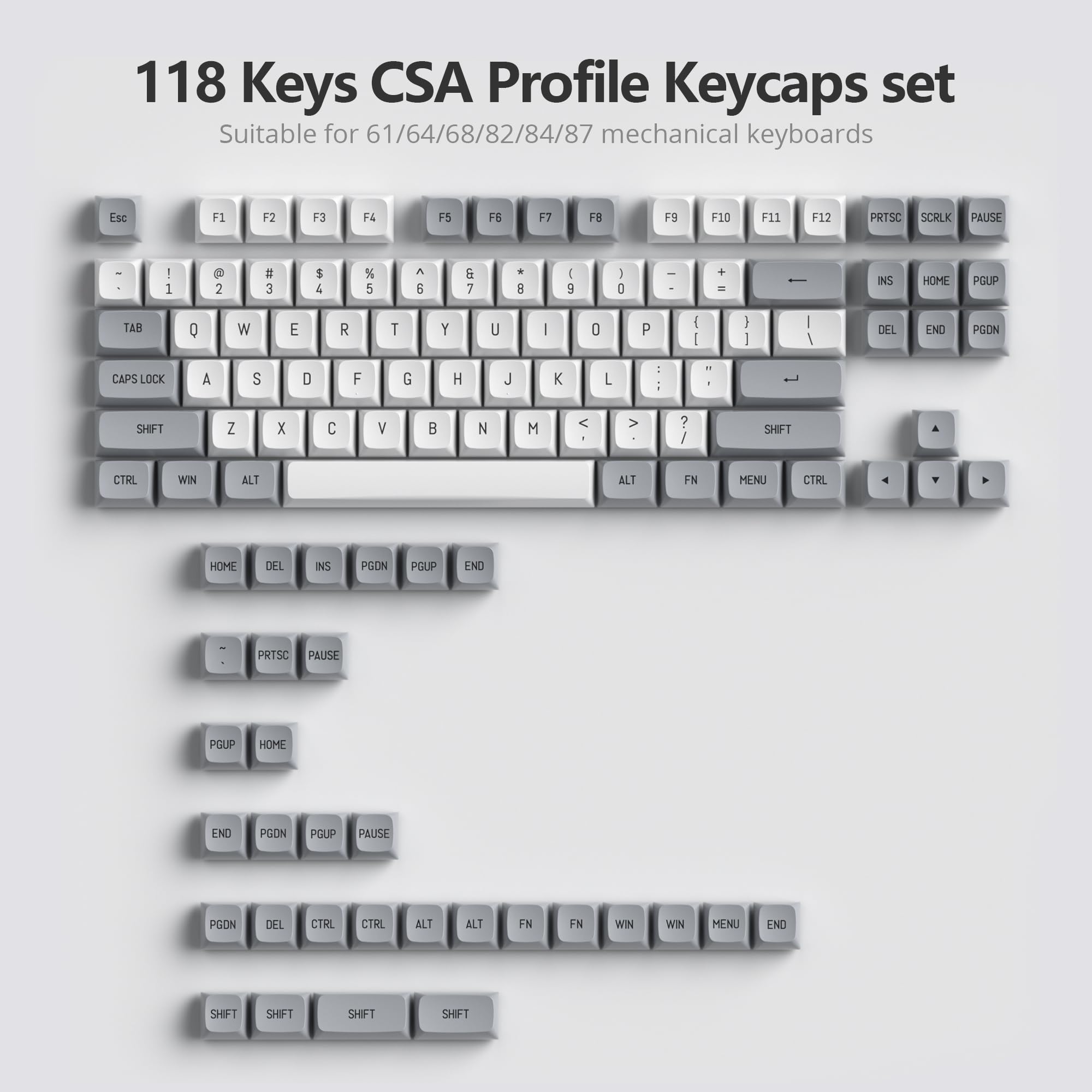 Surmen Csa Profile 118 Keys Double Shot Pbt Keycap Custome Keycaps For 61/68/84/87 Mechanical Gaming Keyboard (Grey)