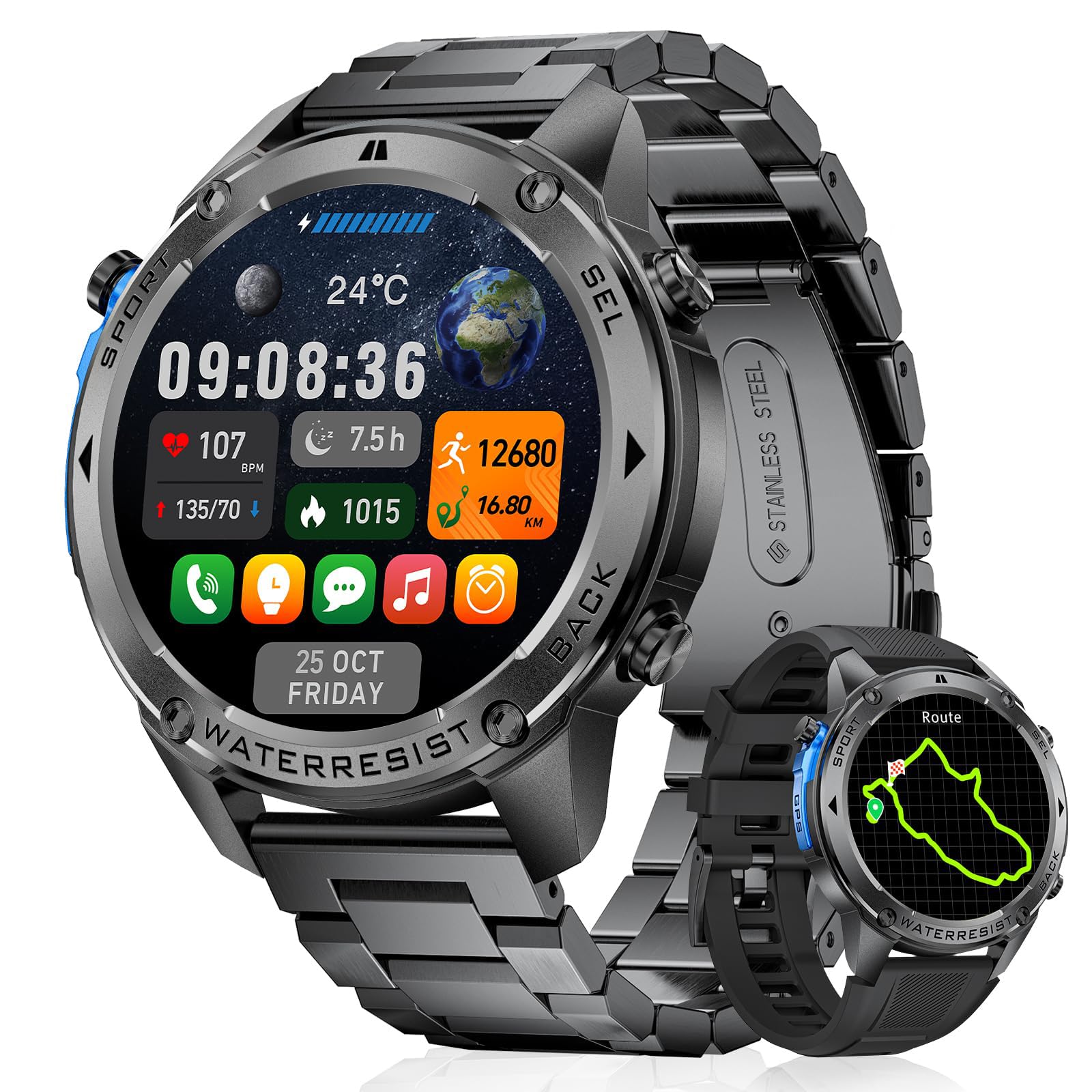 Bruboses Gps Smart Watch For Men Military Rugged Smartwatches,Compass,50M Waterproof, 500Mah Large Battery,Answer/Make Call, 1.4