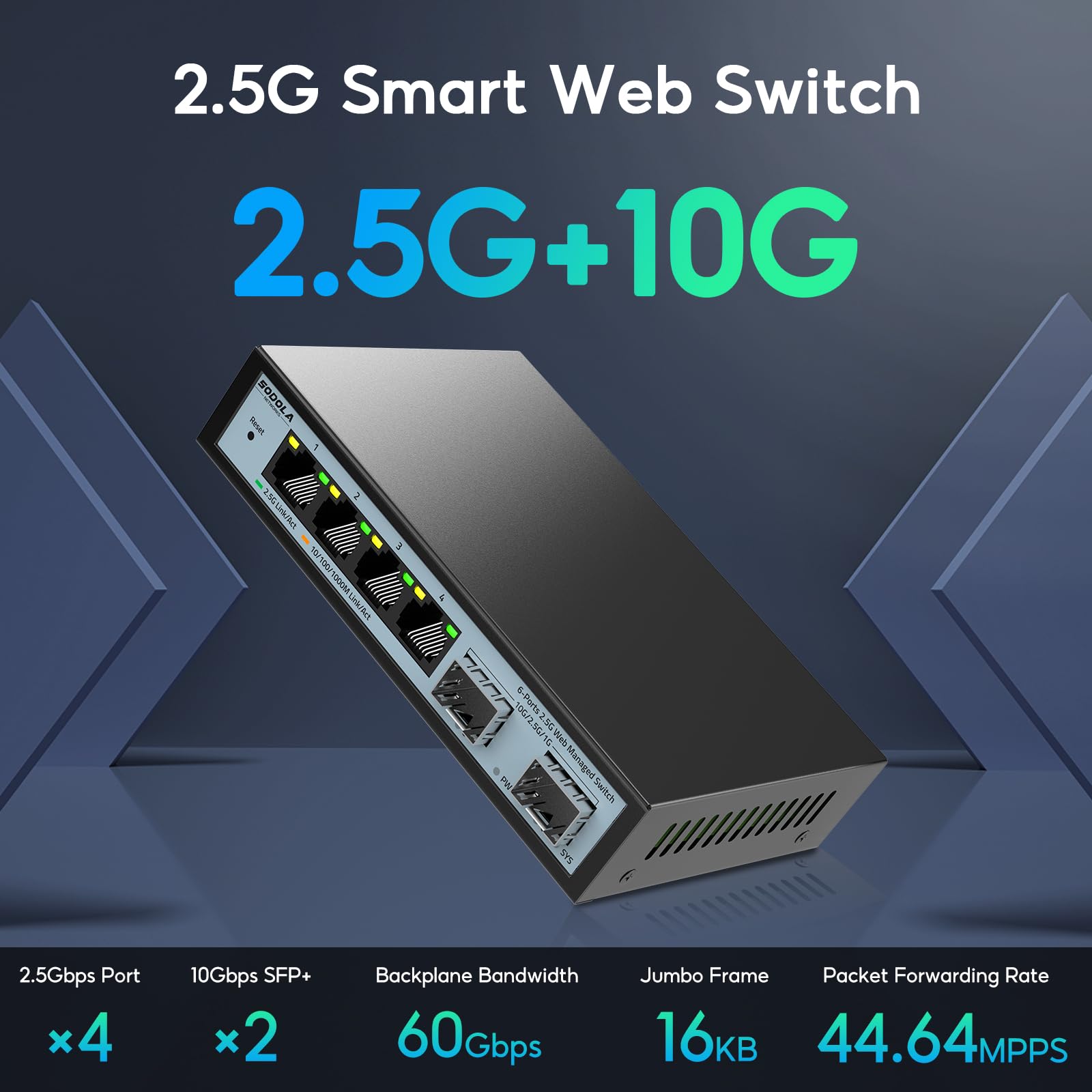 Sodola 6 Port 2.5G Easy Web Managed Switch, 4 X 2.5G Base T Ports, 2 X 10G Sfp+, Static Aggregation,Qos/Vlan/Igmp, 2.5Gb Network