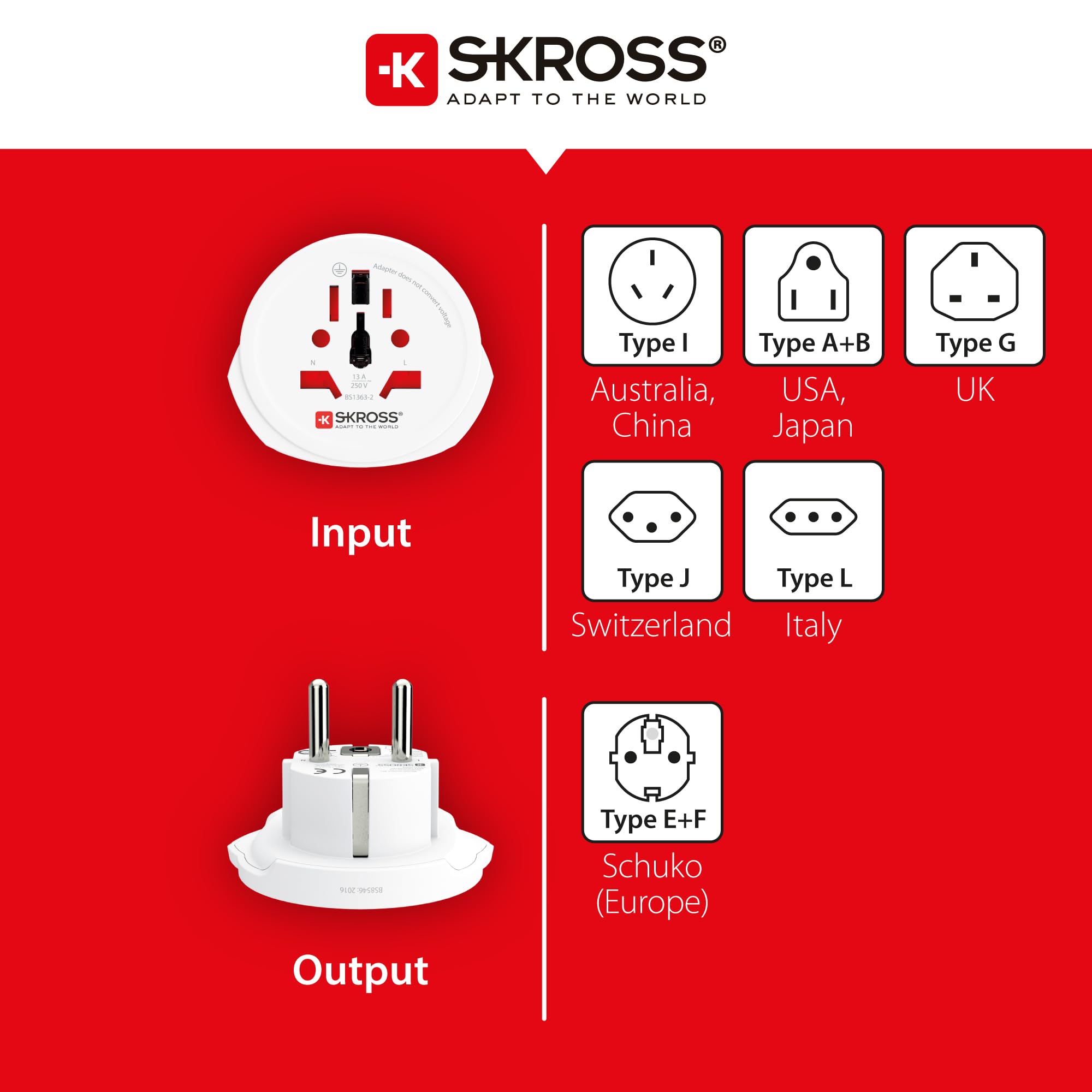 Skross World To Europe Country Travel Adaptor, White