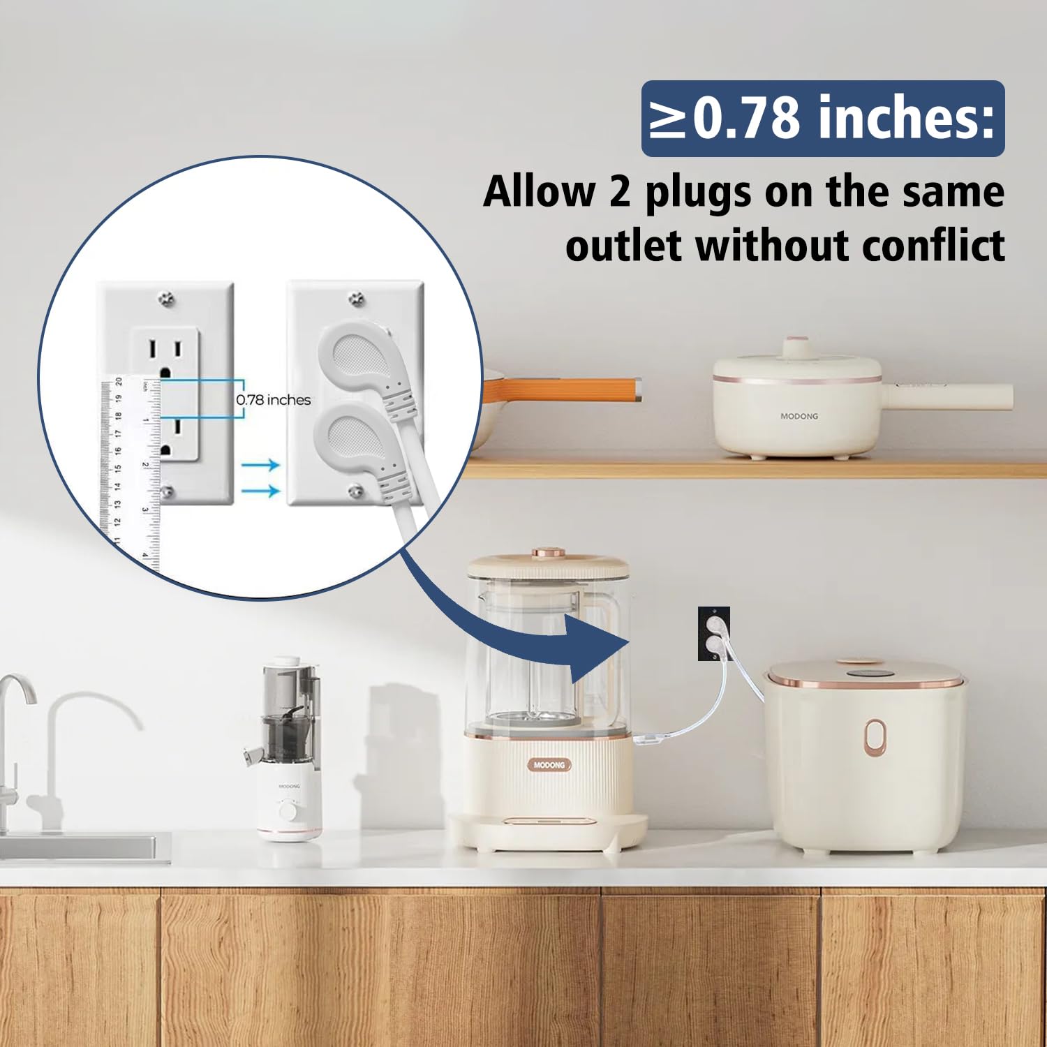 1875W Short Extension Cord,15A 14Awg Low Profile Flat Plug Heavy Duty Extension Cord Outlet Saver 3 Prong Grounded Power Extensi