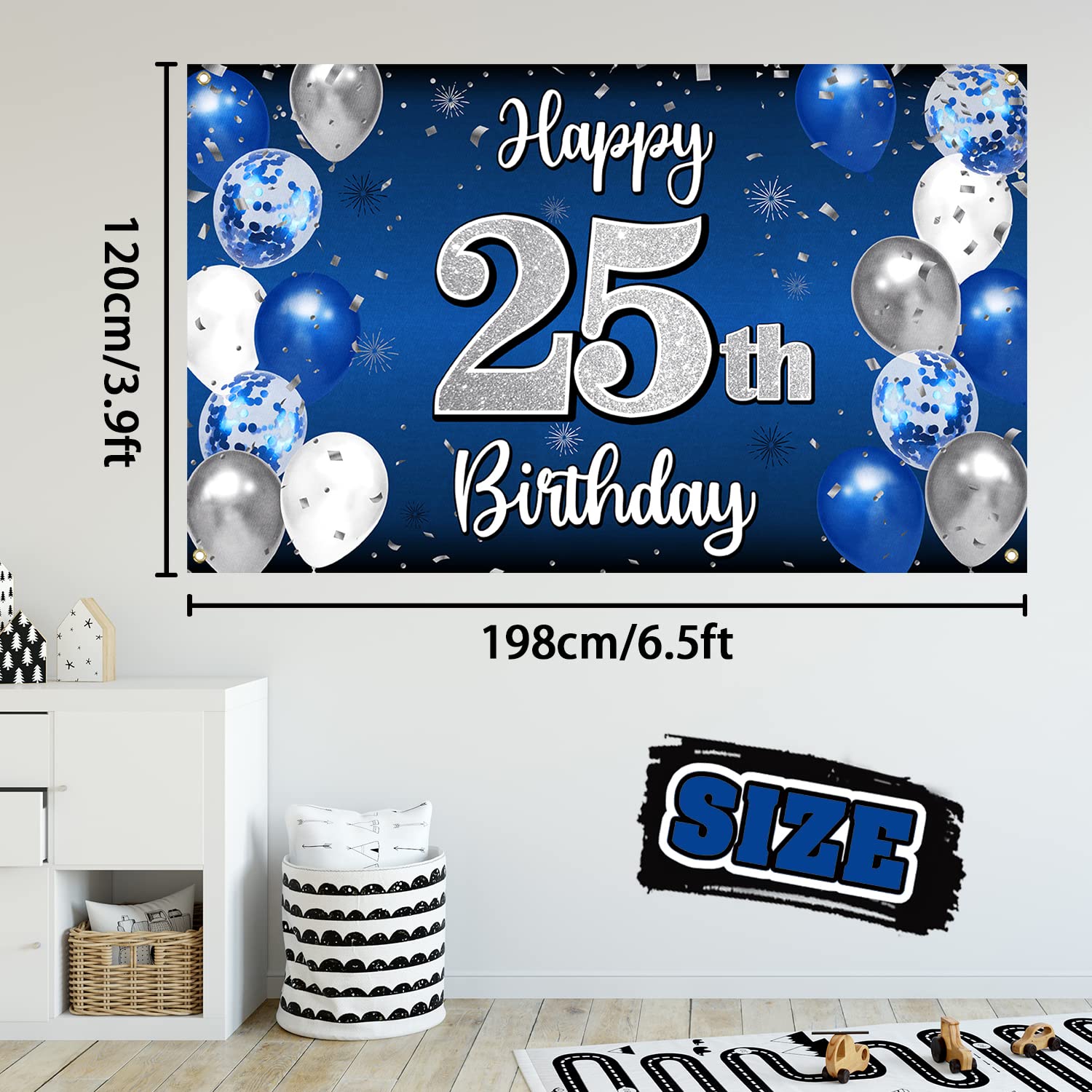 Nelbiirth Happy 25Th Birthday Decorations,25Th Blue & Silver Balloon Large Birthday Banner Backdrop Sign,25Th Bday Party Supplie