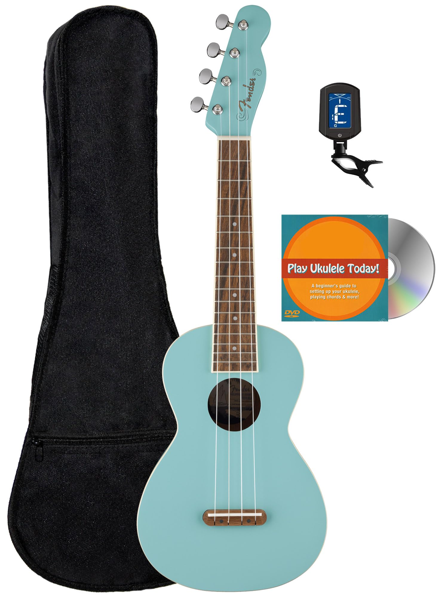Fender Monterey Concert Ukulele - Daphne Blue Bundle with Gig Bag, Tuner, and Austin Bazaar Instructional DVD
