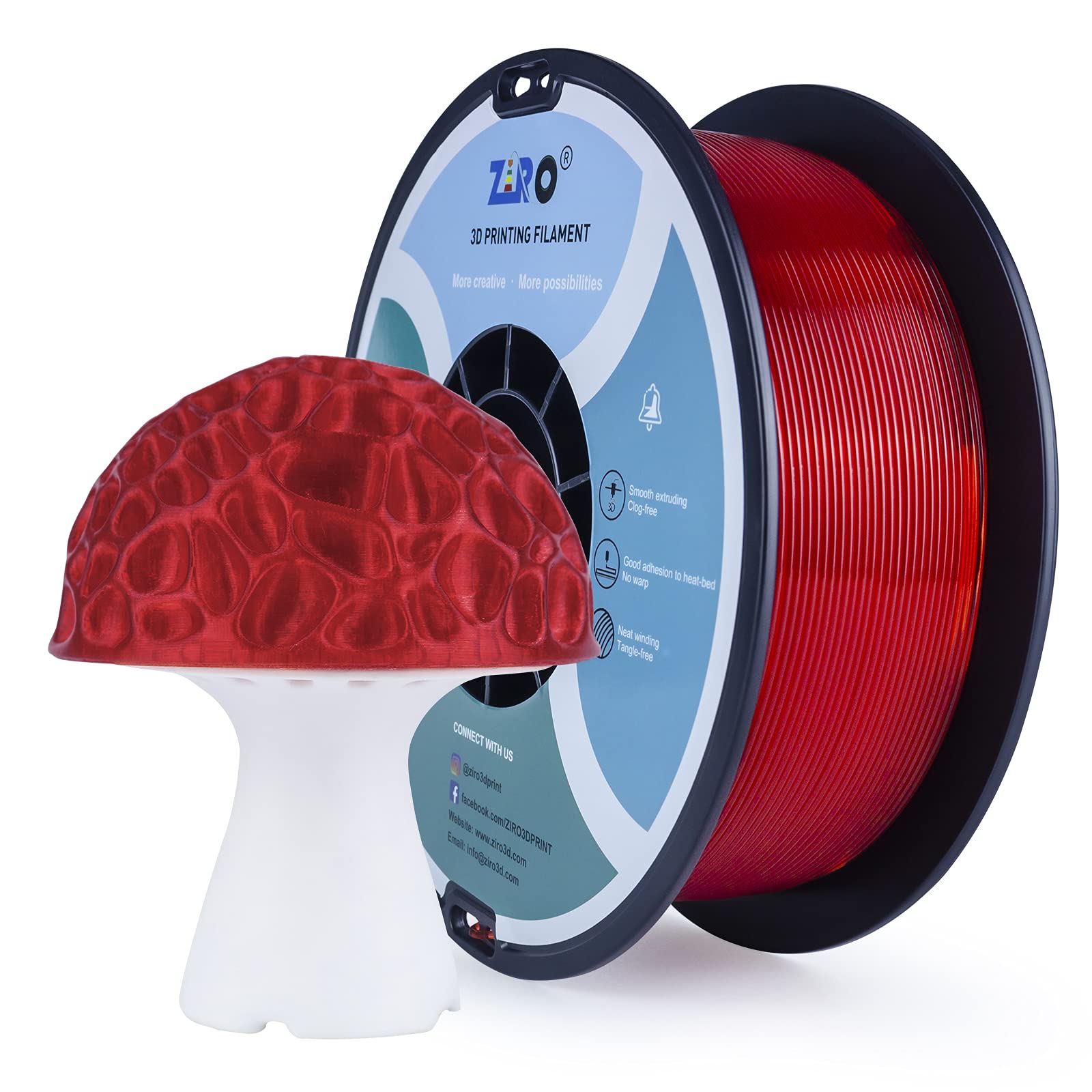 ZIRO PLA Filament 1.75mm, Transparent Red 3D Printer Filament, Bright Pure Color Semi-Transparent Spool, Dimensional Accuracy +/