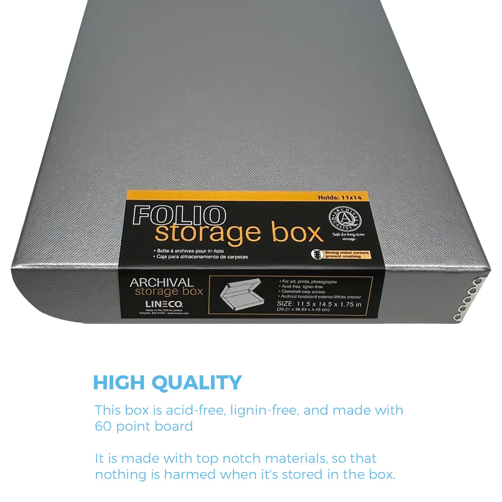 Lineco Folio Storage Box, Clamshell Design With Metal Edge. 11.5X14.5X1.75, Archival Boxboard, Organize And Preserve Photos, Prints, Cards, Magazines, Documents, Art, Ephemera, Family Records, Silver