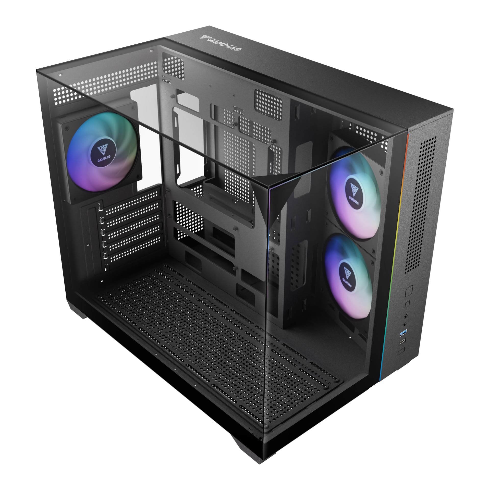 GAMDIAS Gaming Case Atlas M3M Three-Sided Tempered Glass, Built-in 3X 120mm ARGB PWM Case Fans, 400mm GPU/VGA, 360mm AIO/Radiato