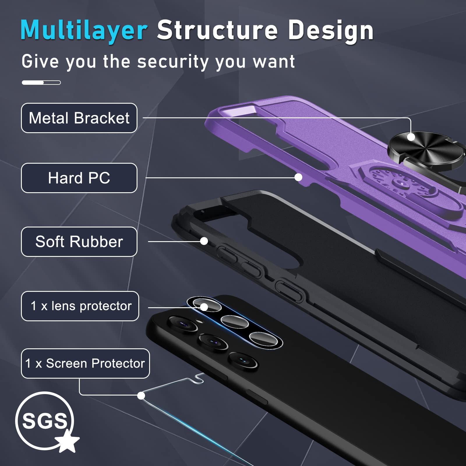 Janmitta Compatible With Galaxy S23 Case With Screen Protector+Camera Lens Protector,Heavy Duty Shockproof Full Body Phone Cover