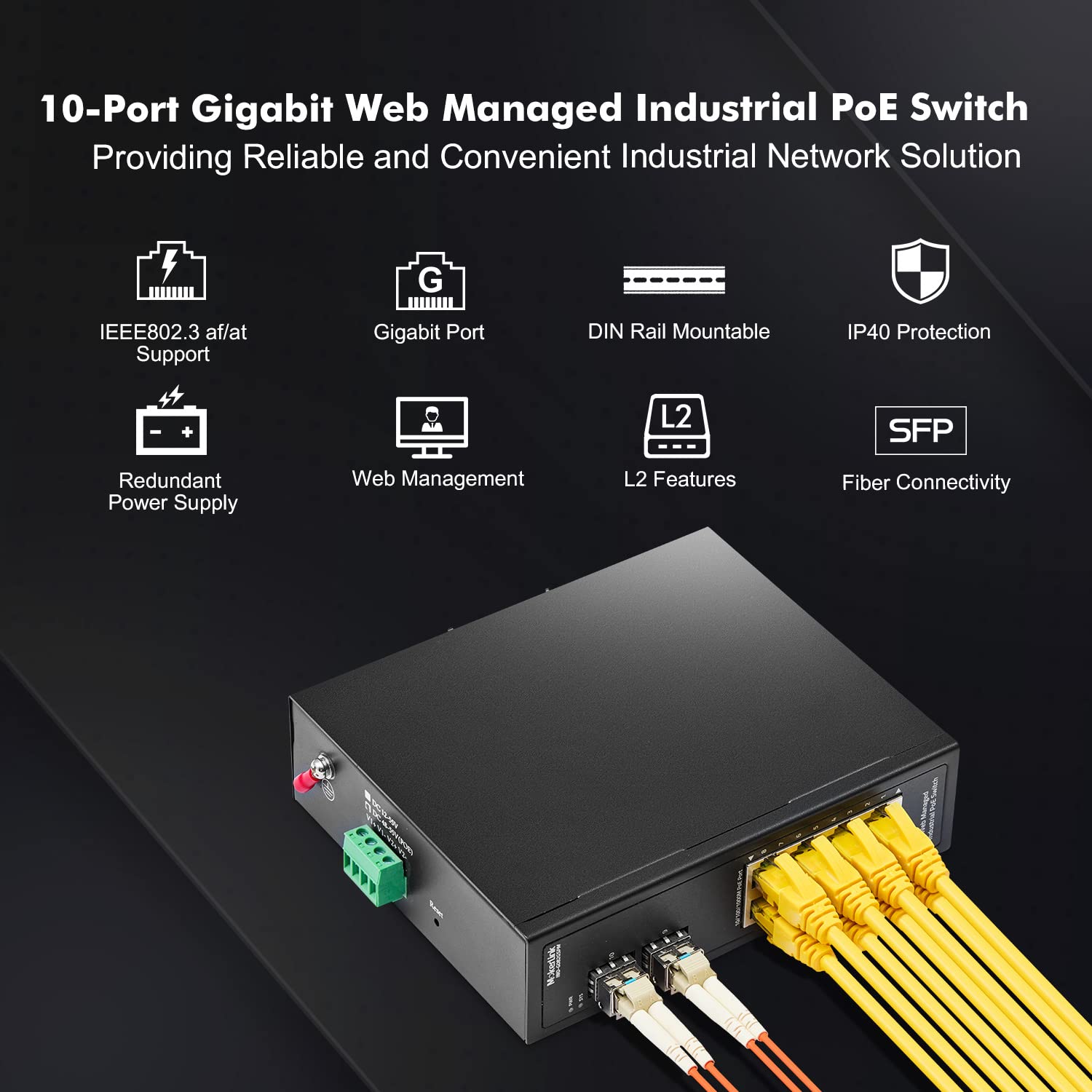 Mokerlink 8 Port Poe Gigabit Industrial Din Rail Ethernet Switch Managed, 2 Sfp Ports, Ieee802.3Af/At, 20Gbps Switching Capacity, Web Managed Ip40 Network Switch ( 40 To 185�F)