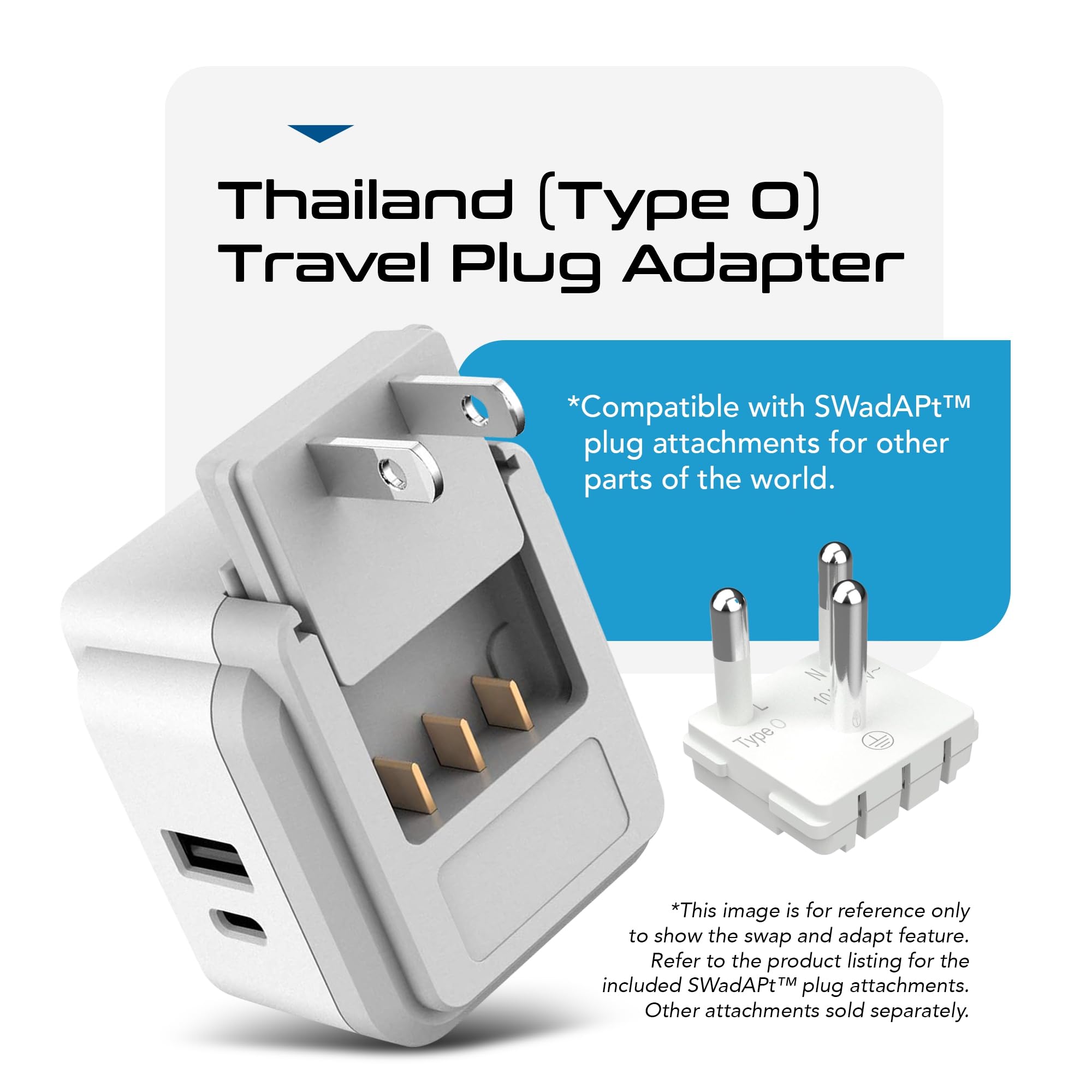 Ceptics Thailand Travel Adapter Set, 20W Pd & Qc, Type O   3.1A   4 In 1 2 Usa Inputs, 1 Usb Port, 1 Usb C Port   Compact, Power