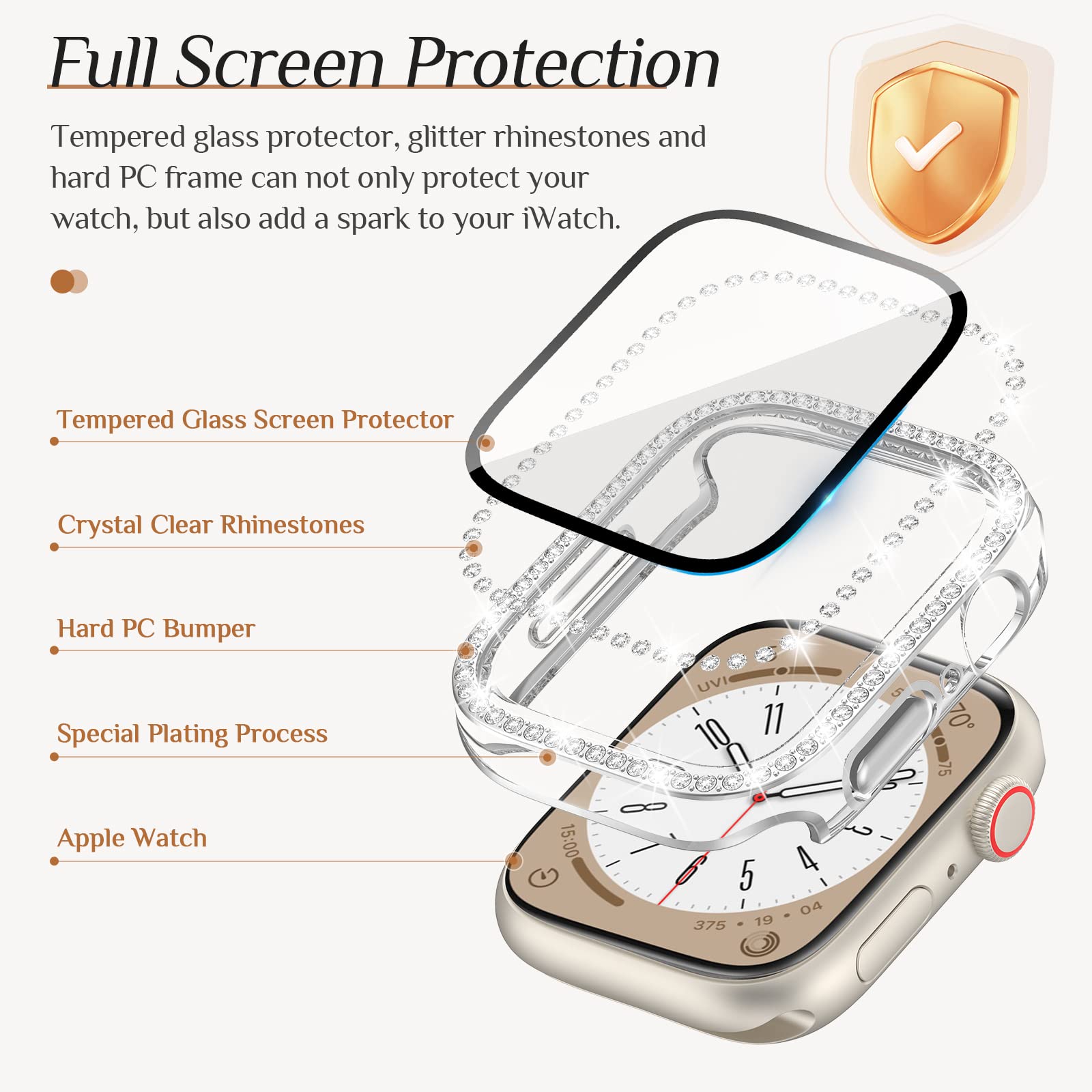 Goton 2 Pack Bling Screen Protector Case For Apple Watch Series 3 2 1 38Mm With Tempered Glass, Women Glitter Diamond Rhinestone