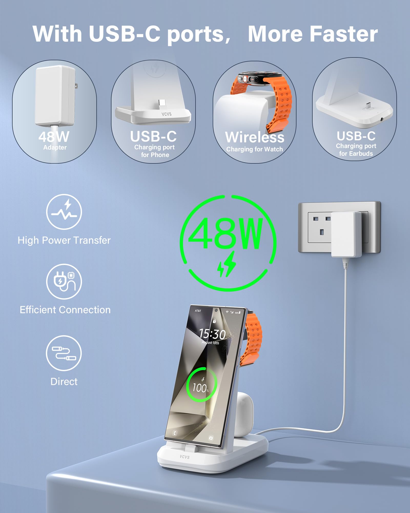 48W Super Fast Charging Station For Samsung Devices, 3 In 1 Charger Via Usb C, Galaxy Watch Charger For Samsung Galaxy Watch Ult