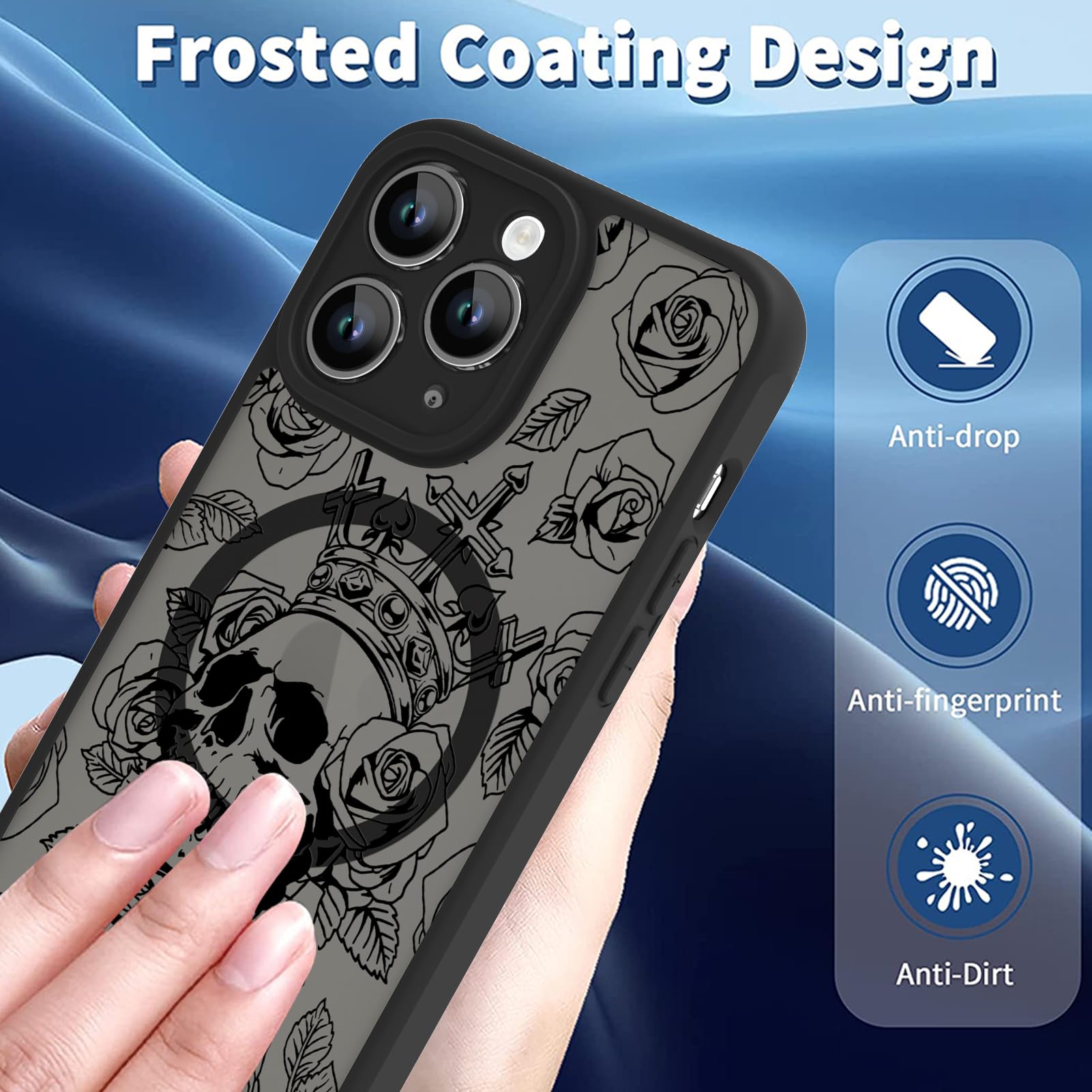 Ook Magnetic For Iphone 11 Pro Case Black Flower Skull Pattern [Compatible With Magsafe] Slim Translucent Matte Camera Lens Prot