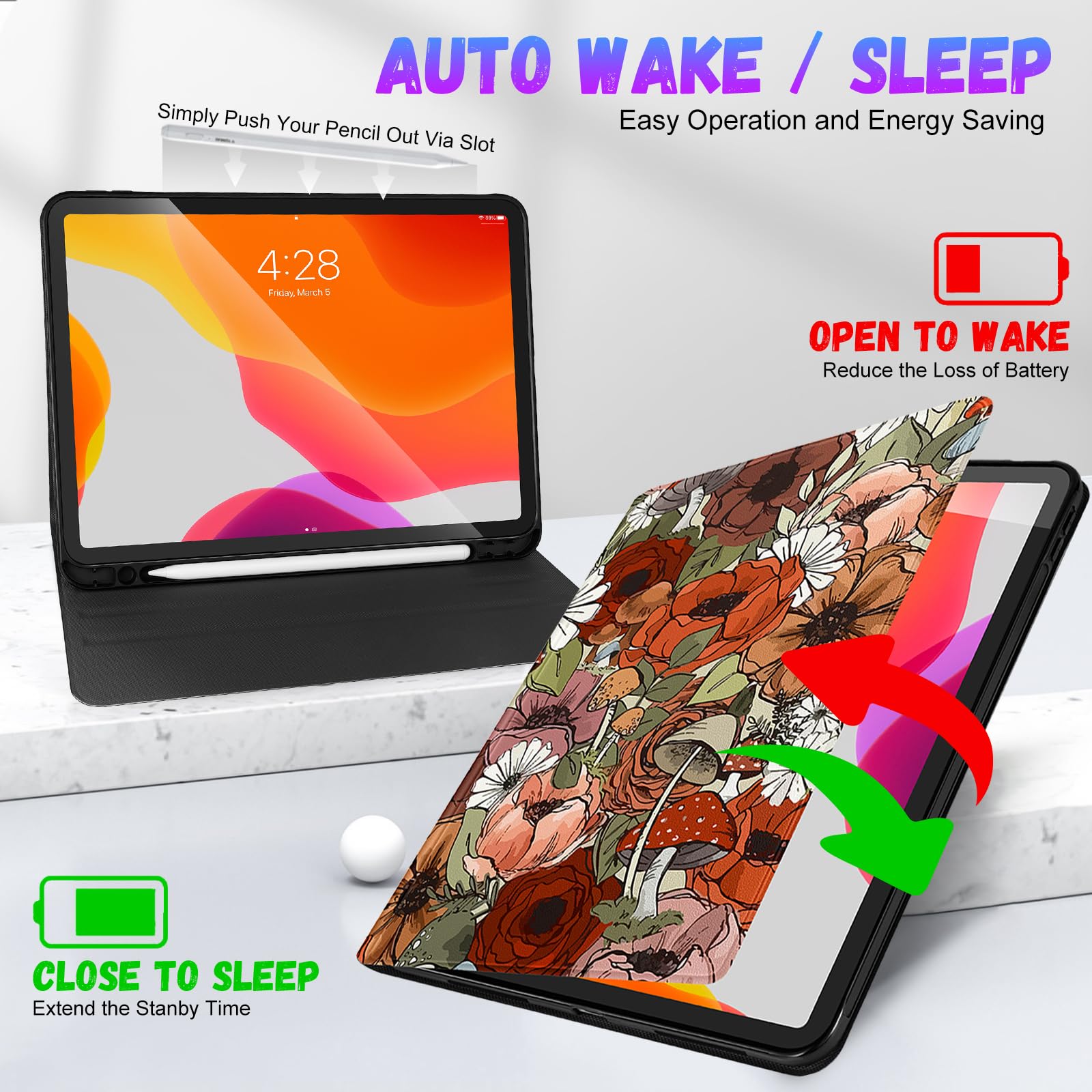 Uppuppy For Ipad Air 11 Inch Case, Air 5Th/4Th Generation 10.9, Pro 11'' Case Cute Kids Women Girls Folio Flower With Apple Penc