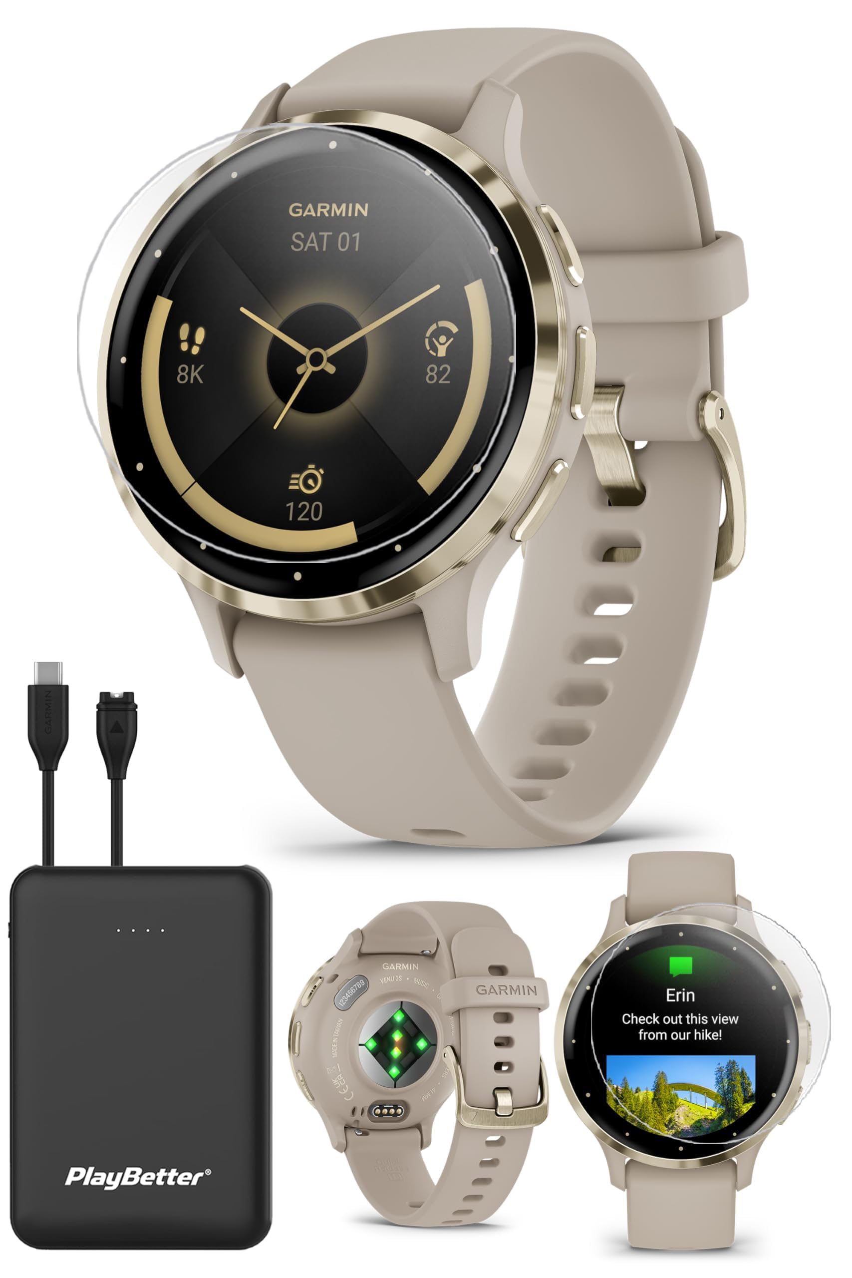 PlayBetter Garmin Venu 3S (Soft Gold/French Gray) Fitness GPS Smartwatch Bundle - AMOLED Touchscreen, 10 Days Battery, Sleep & R