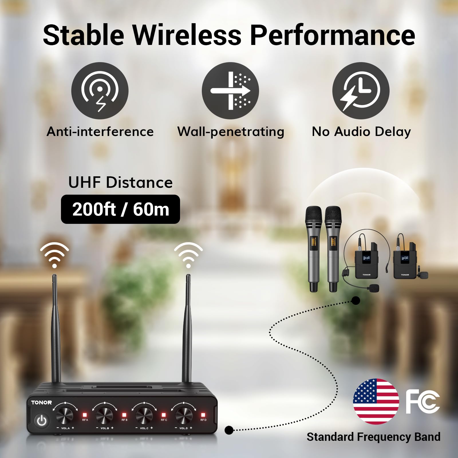 Tonor Wireless Microphone System, 4 * 10 Channel Uhf Cordless Handheld Mic Set With Headset/Lavalier Lapel Mics, Bodypack Transm