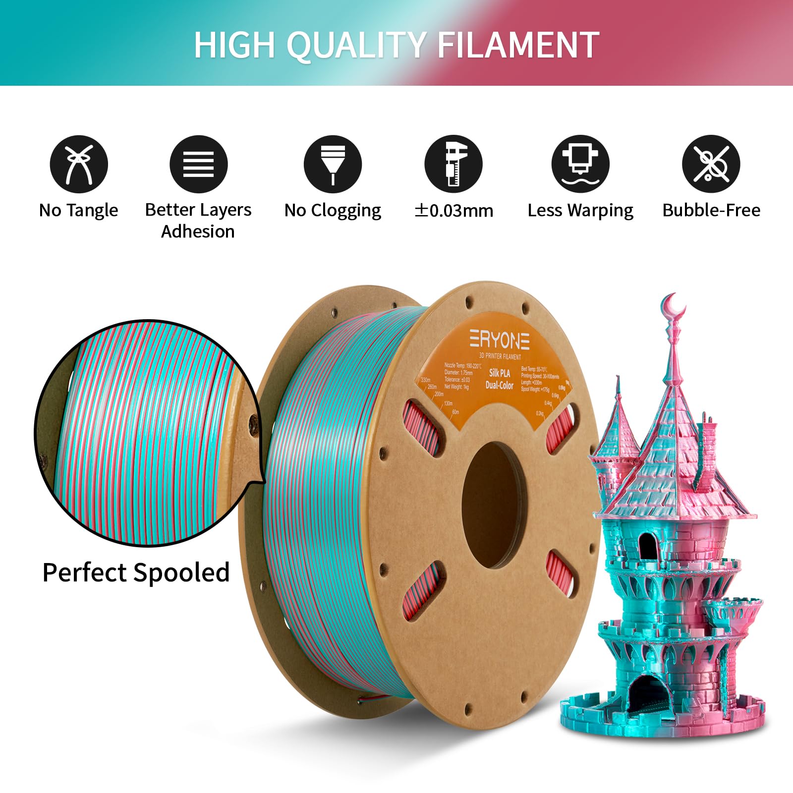 Eryone Silk Dual Color Pla Filament 3D Printer 1.75Mm +/- 0.03Mm, Bicolor Filament Two Tone Pla 1Kg(2.2Lbs) Cardboard Spool, Tea