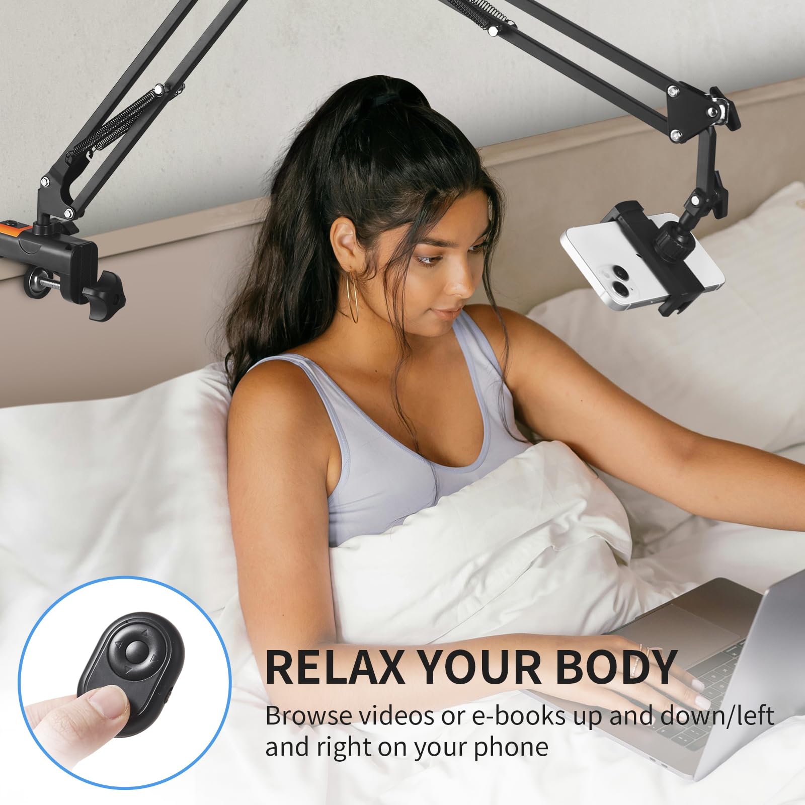 LILANZo Phone Holder for Bed Desk - Overhead Mount with Wireless Remote, Flexible Lazy Bracket for iPhone, Samsung, Google Pixel, Moto