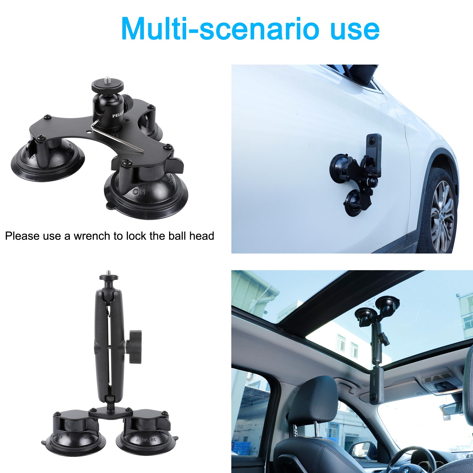 PellKing Suction Car Mount Kit for Insta360 & GoPro - 5-in-1 with 44.9-inch Selfie Stick, Black, Model 691685d8-95b