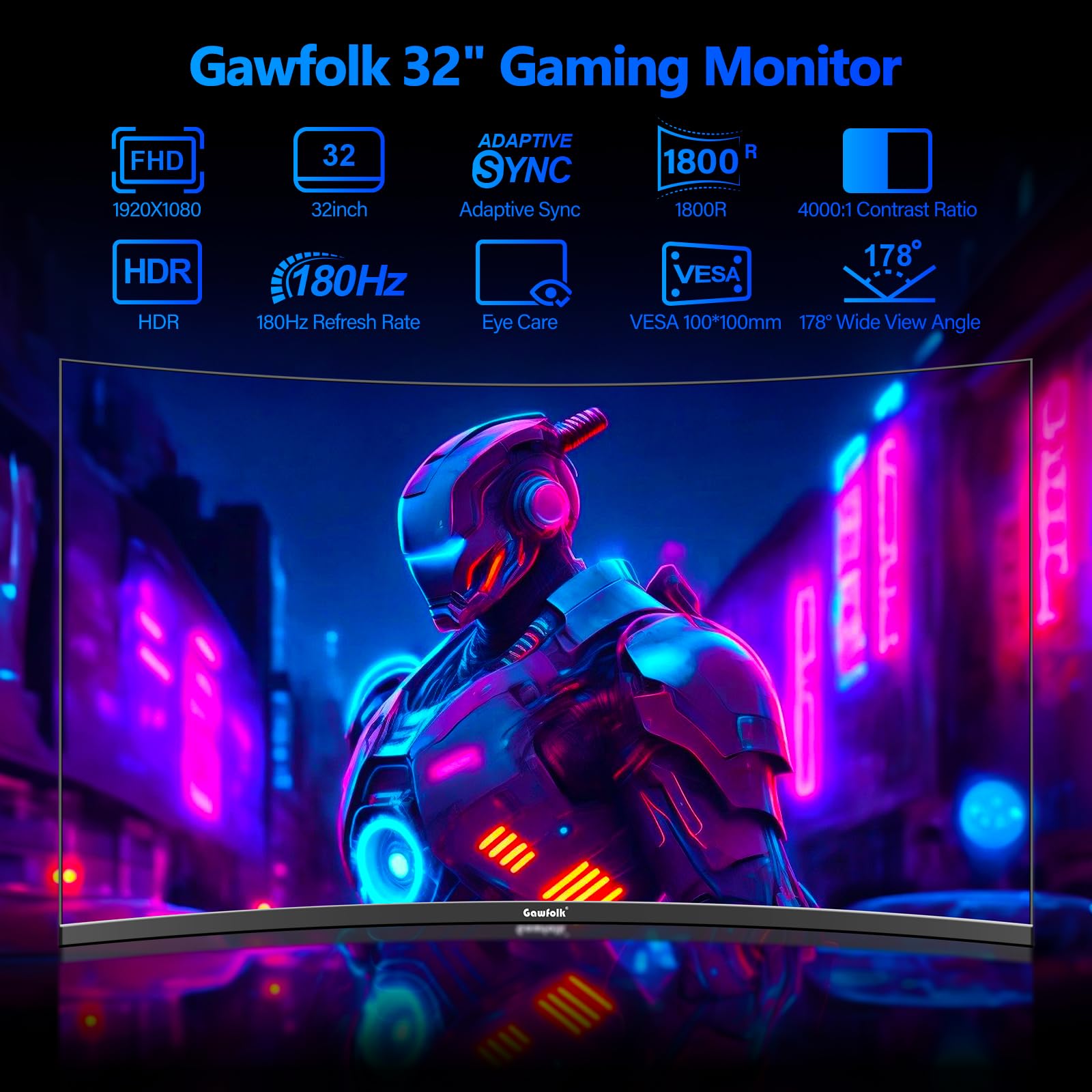 Gawfolk 32 Inch Gaming Monitor 1800R Curved Computer Monitors 165Hz / 180Hz Pc Monitors Va Screen For Home, Office And Dormitory