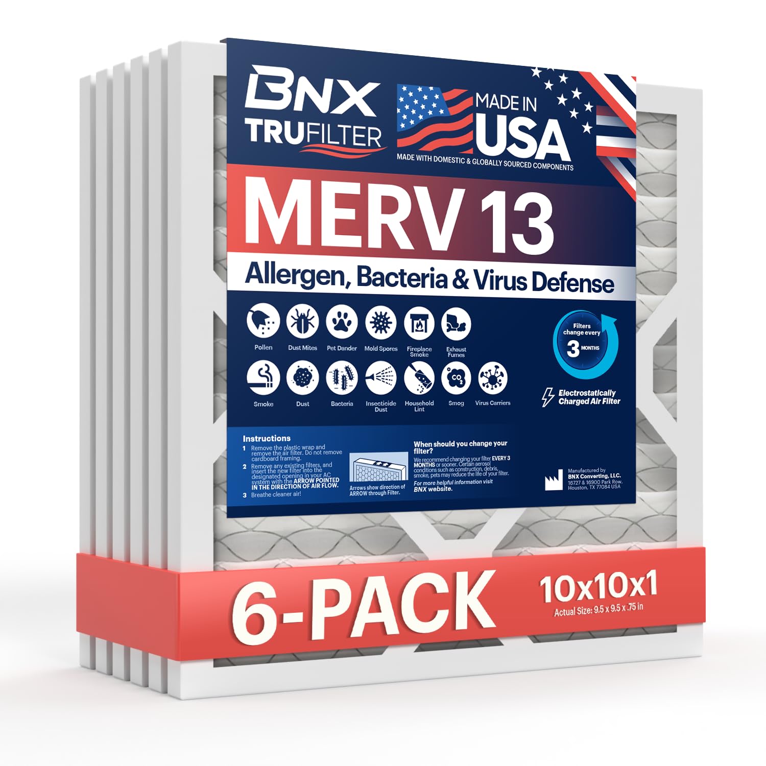 BNX TruFilter 20x20x2 Air Filter MERV 13 (4-Pack) - MADE IN USA - Electrostatic Pleated Air Conditioner HVAC AC Furnace Filters 