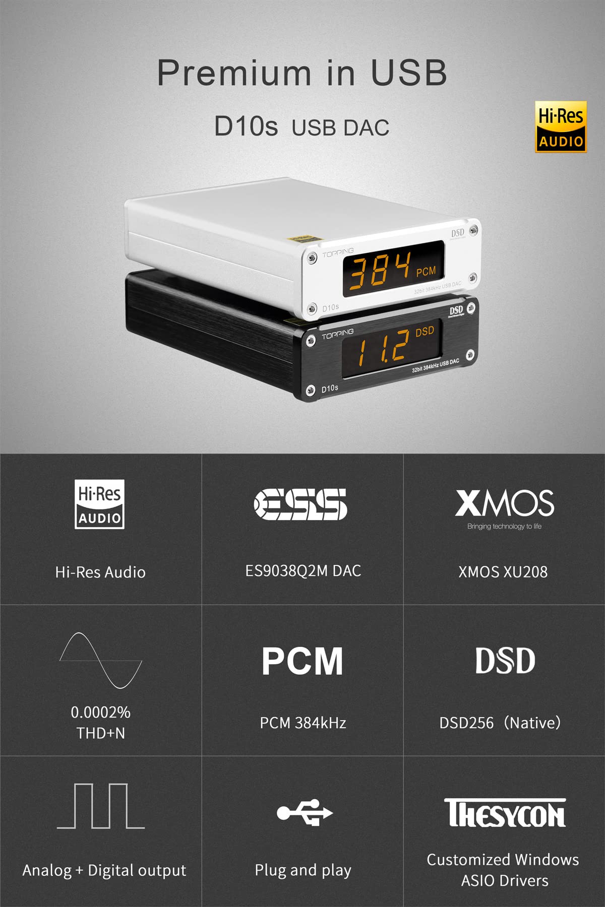 Topping D10S Mini Usb Dac Css Xmos Xu208 Es9038Q2M Opa2134 Audio Amplifier Decoder Black