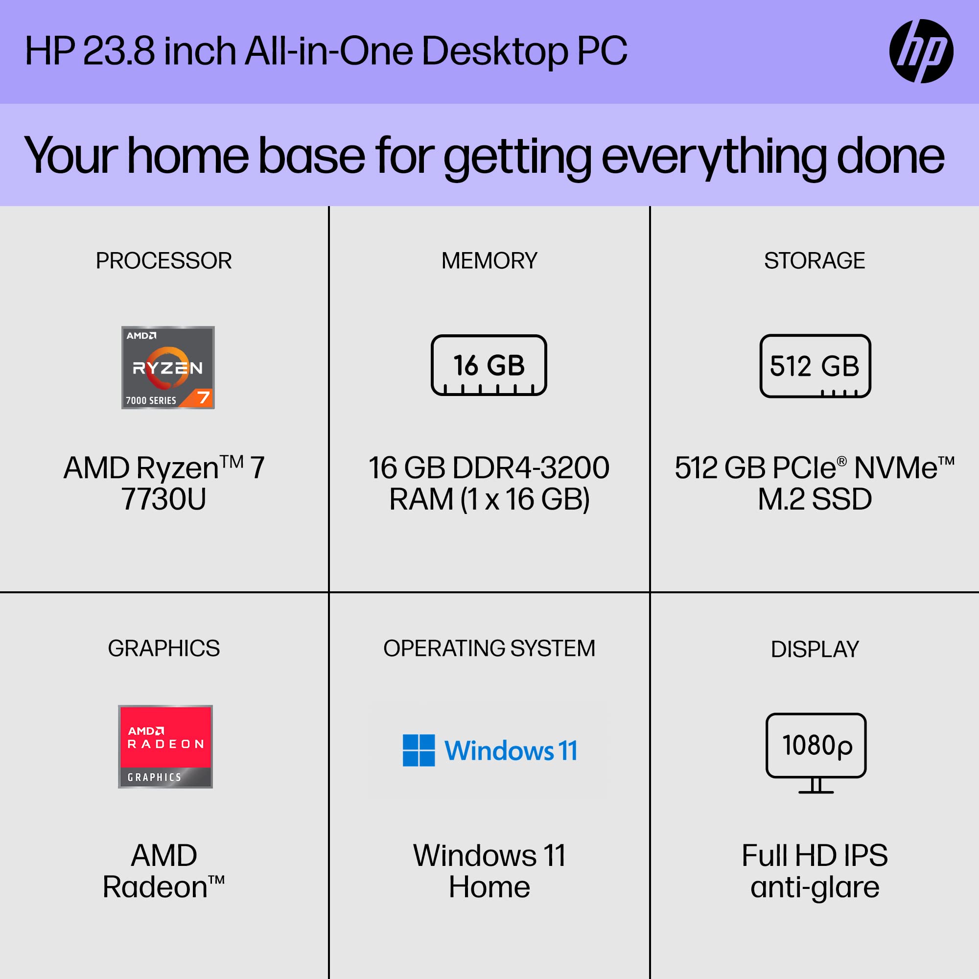 24'' Ryzen 7 7730U 16Gb 512 W11|Hp All In One, 24', Ryzen 7 7730U, 16Gb(Ddr4,1 Dimm), 512Gb Ssd, Windows 11 (Core+), No Odd, Wi