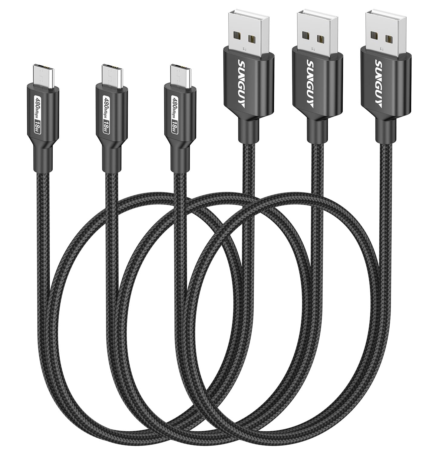 SUNGUY Micro USB Cable 1.5FT, [3-Pack] Short Braided USB 2.0 Micro Android Charger Fast Charging & Data Sync Cord Compatible wit