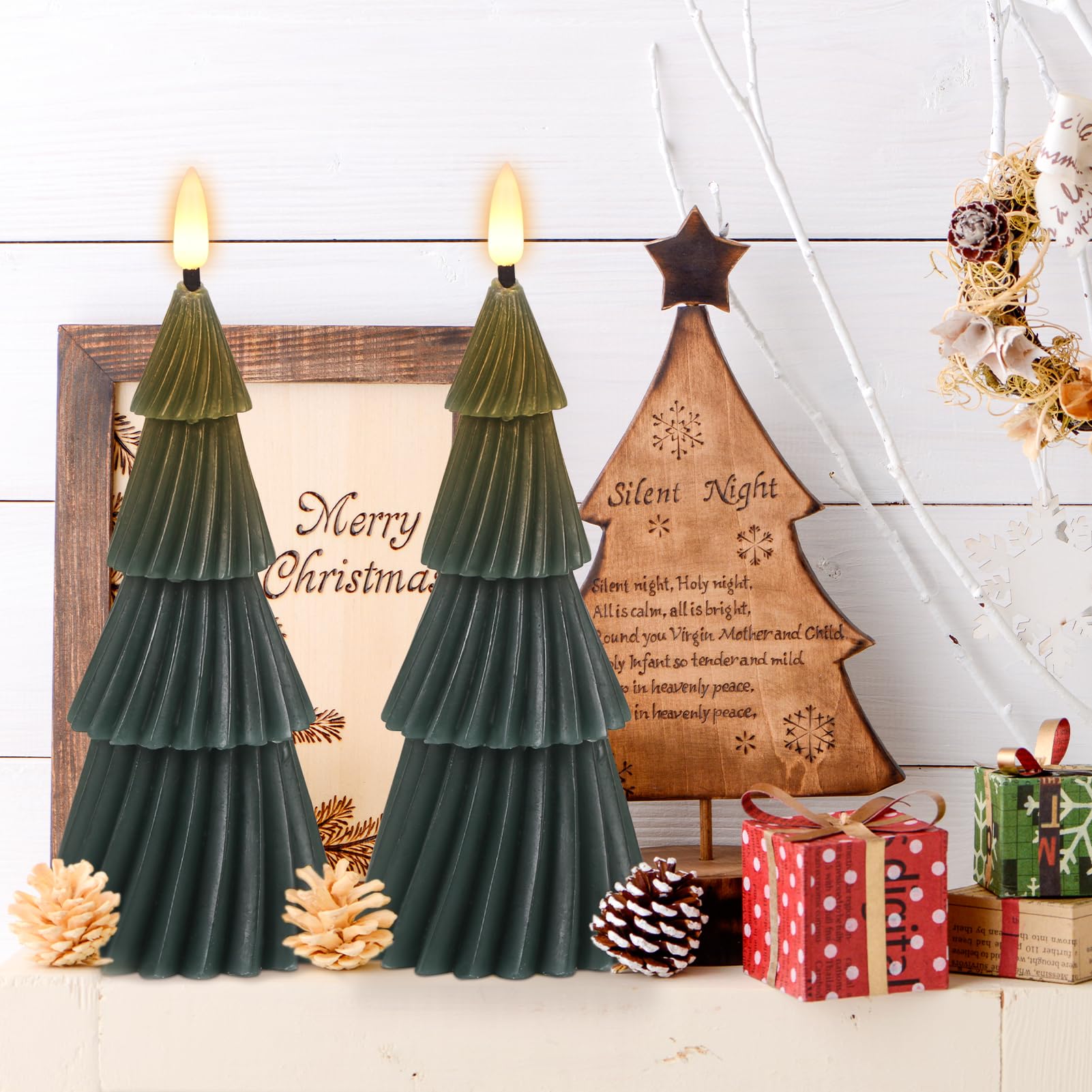 Eldnacele Stripe Christmas Tree Flameless Candle With 6 Hour Timer, Battery Operated(Included) 3D Wick Flickering Real Wax Green