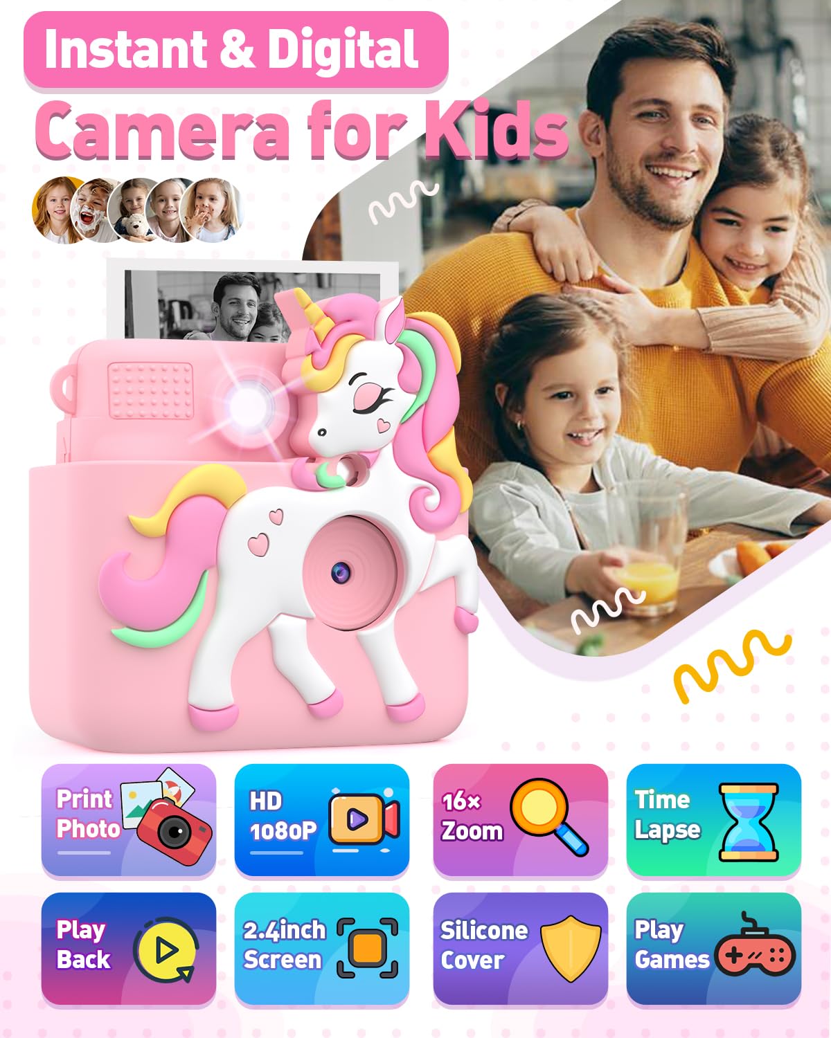 Kids Camera Instant Print With Silicone Cover, Creative Gifts For Girls Age 4 12 Birthday Christmas, 1080P Digital Camera Toy Wi