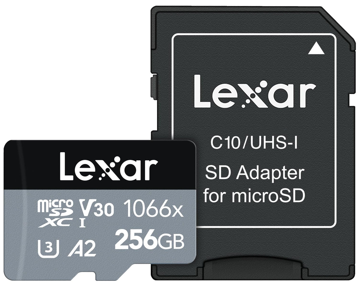 Lexar 256GB Professional 1066x micro SD Card w/ SD Adapter, UHS-I, U3, V30, A2, Full HD, 4K, Up to 160/120 MB/s, for Action Cameras, Drones, Smartphones, Tablets, Nintendo-Switch (LMS1066256G-BNANU)