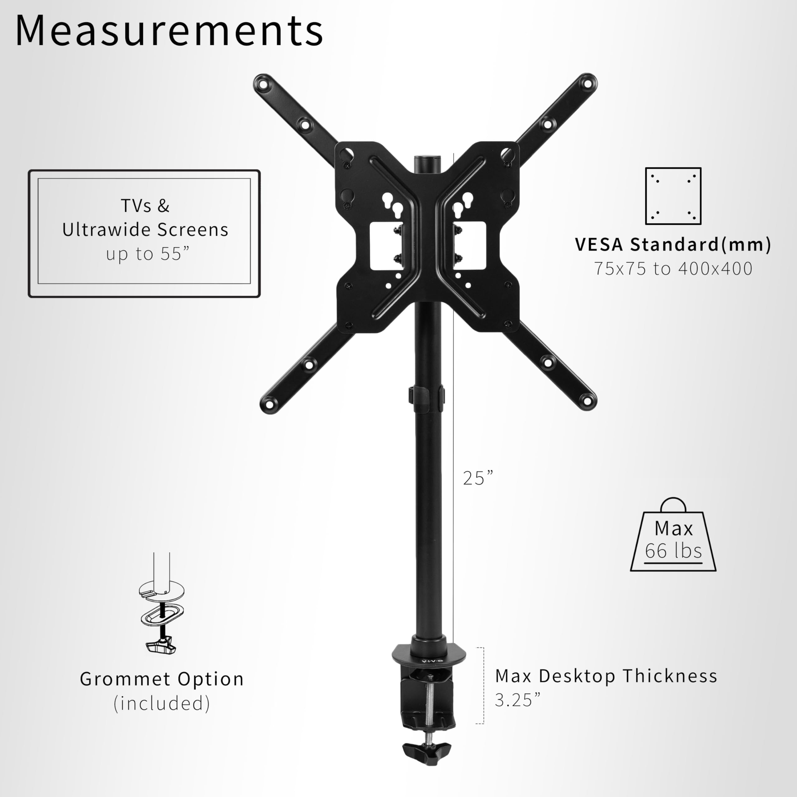 VIVO Ultra Wide TV Desk Mount for up to 55 inch Screens Weighing 66 lbs, Full Motion Height Adjustable Single Television Stand, Black, STAND V155C