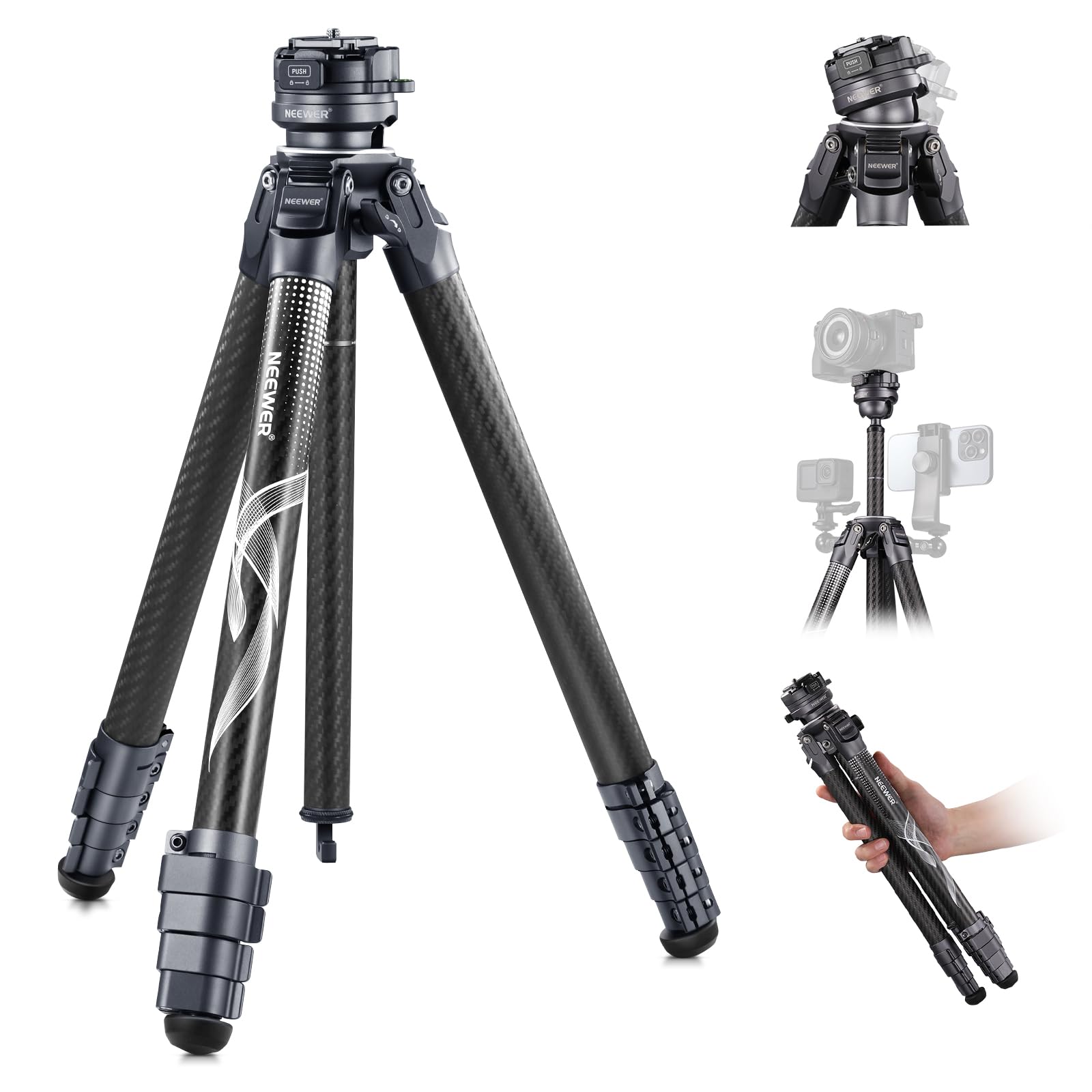Neewer Litetrip Lt32 62'' Travel Tripod Carbon Fiber With 15 Leveling 360 Panorama Head, Detachable Center Axis, Fast Flip Buckl