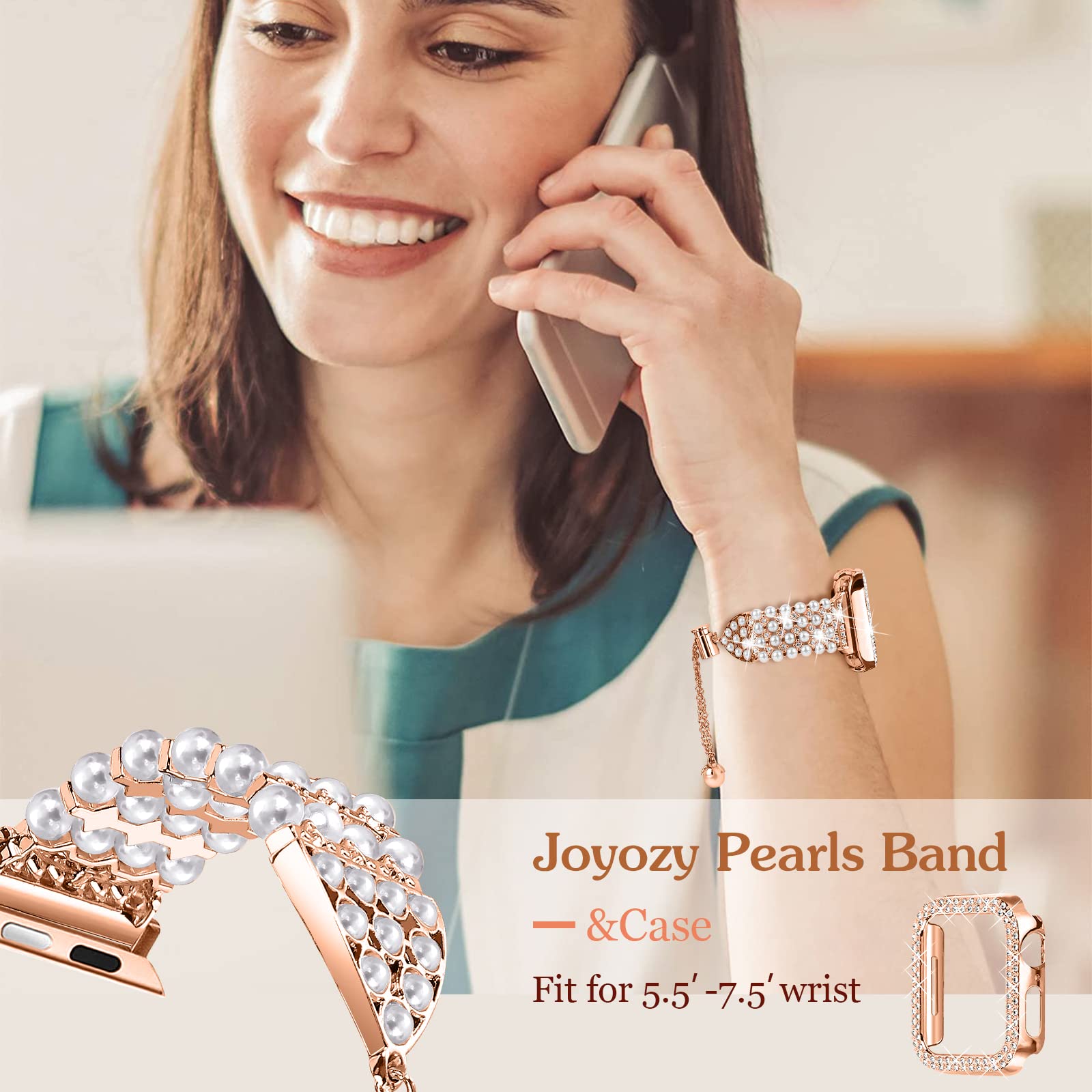 Joyozy Bling Pearl Bracelet 44Mm And Case Compatible For Apple Watch Band 44Mm, Women Sparkle Diamond Case With Rhinestone Cute