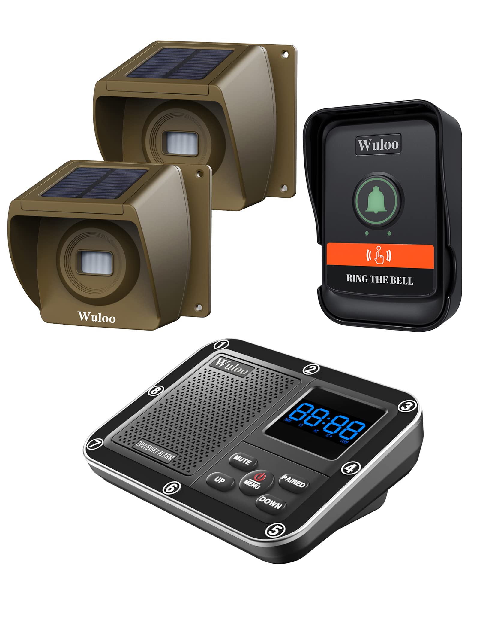 Solar Wireless Driveway Alarm With Extra Doorbell Part, Multifunctional Wireless Home Security System, Rechargeable Battery/Weatherproof/Mute Mode/Clock And Alarm (1 Receiver 2 Sensors 1 Doorbell)