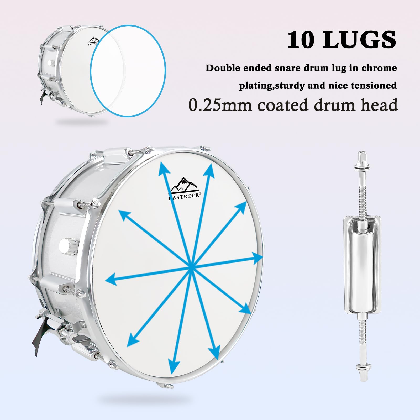 Eastrock Snare Drum 14X5.5 Inches For Student Beginners With Gig Bag, Drumsticks, Drum Keys, Coated Material Drum Head, Off Whit