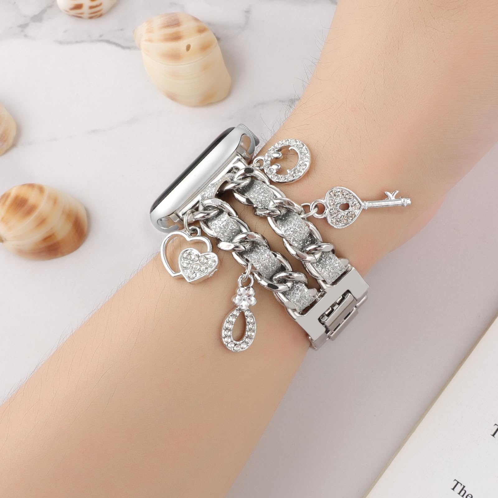 Realsign Stylish Metal Wristband Compatible With Apple Watch Band 42 44 45 46 49Mm,Cuban Chain Bracelet Key Love Smile Pendants