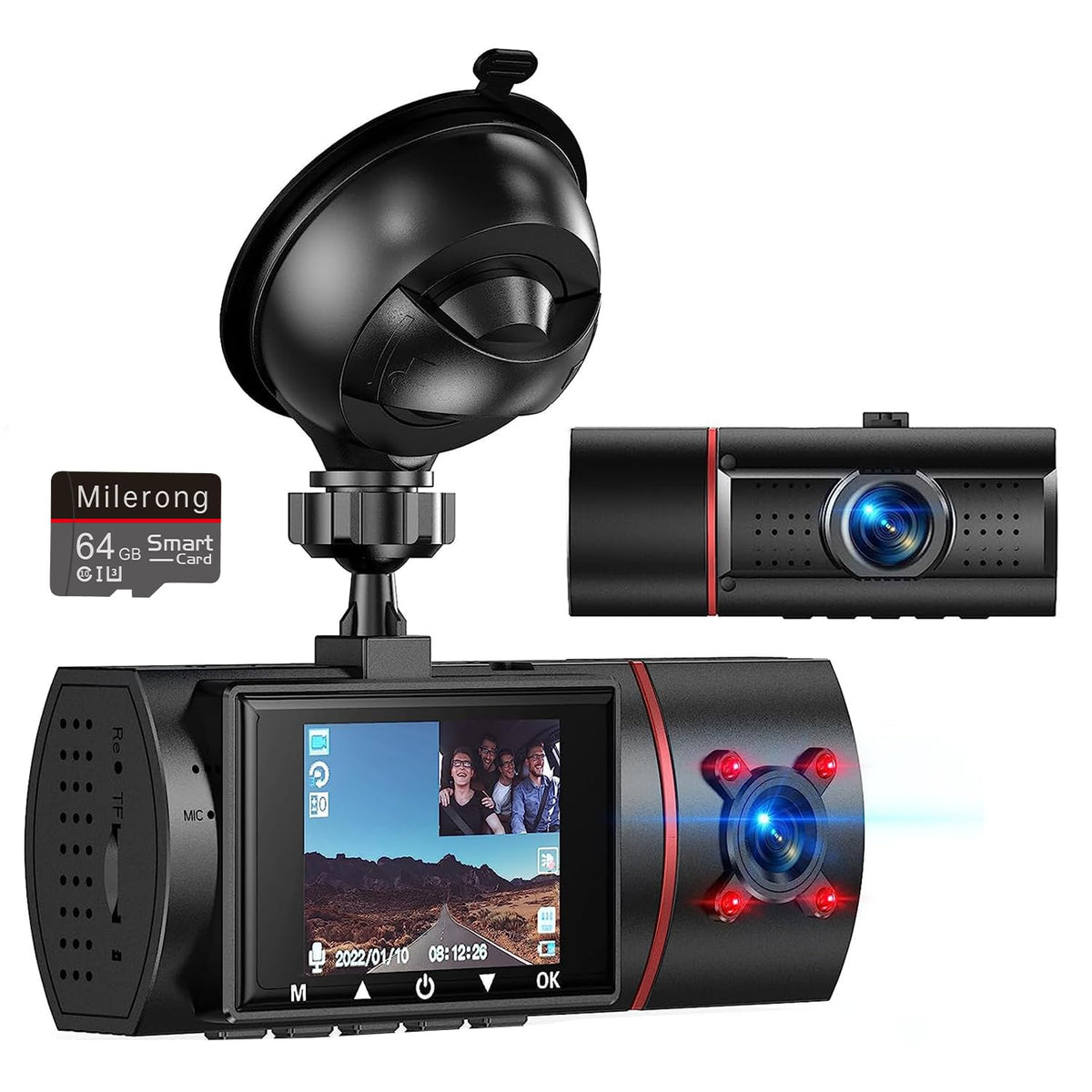 Dual Dash Cam Front And Inside With 64Gb Card,Milerong X25 1080P Dash Camera For Cars With Infrared Night Vision,Loop Recording,